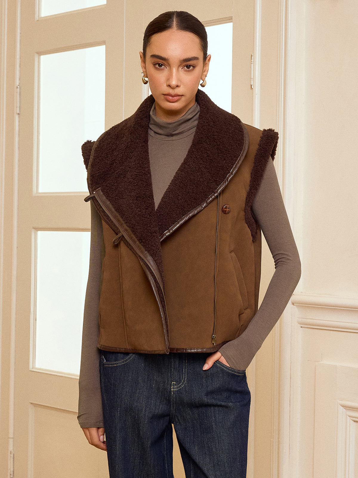 Collared Zip-Up Shearling Vest