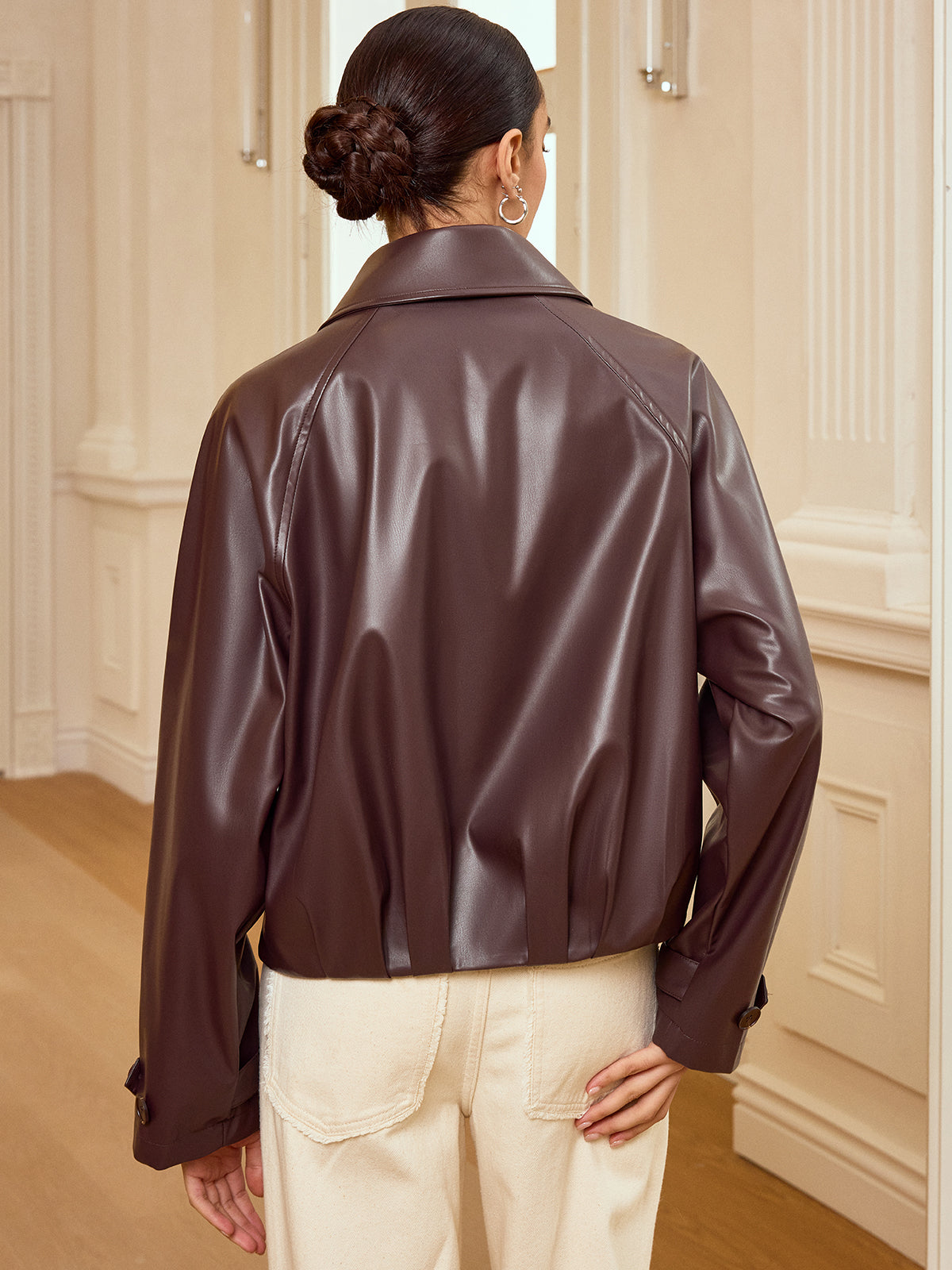 Blouson zippé col chemise en similicuir