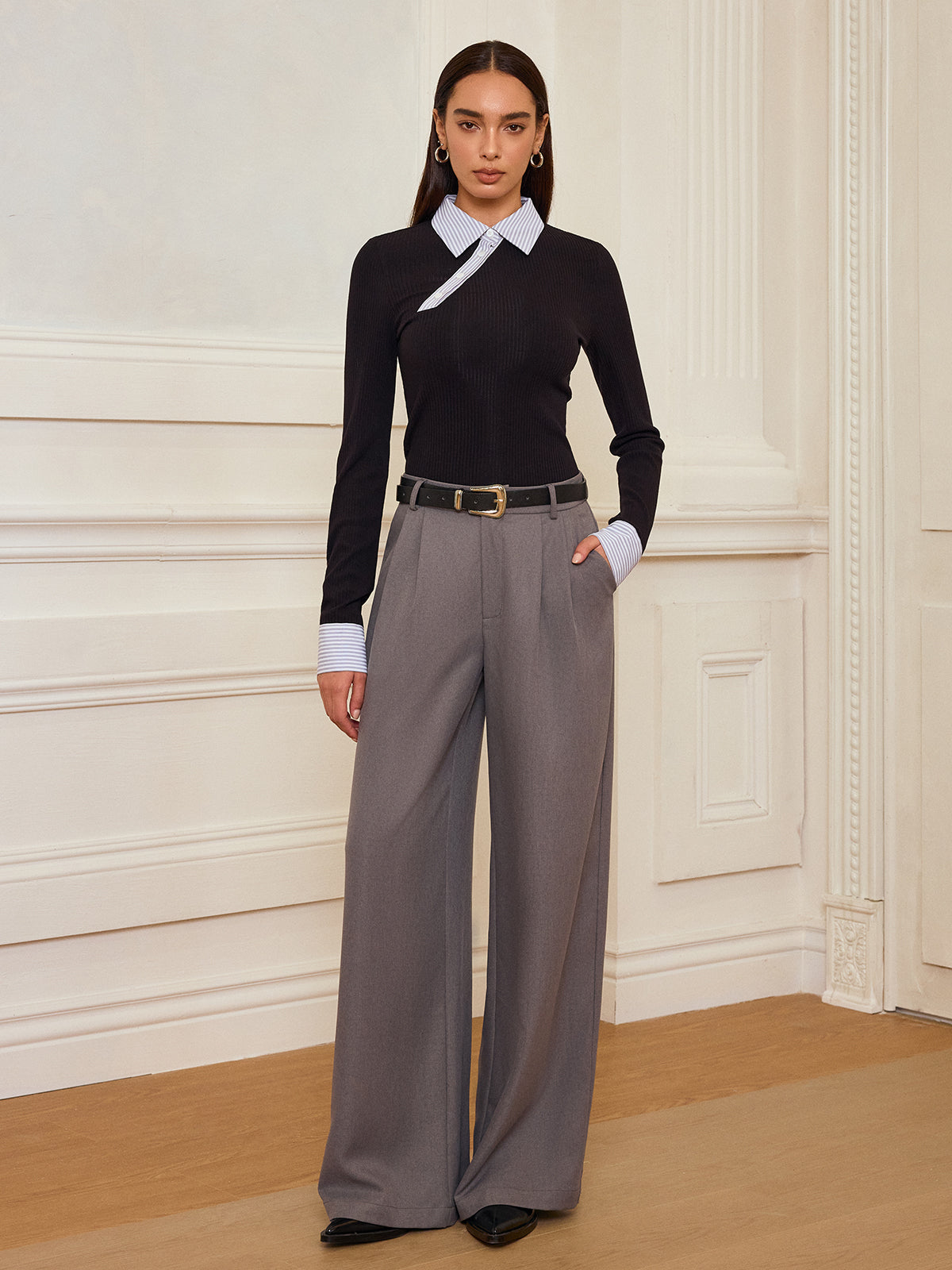 Striped Shirt Panel Ribbed Knit Top