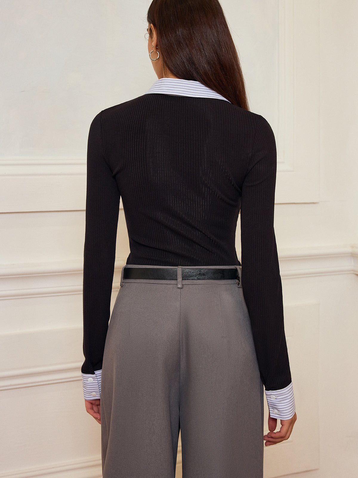 Striped Shirt Panel Ribbed Knit Top