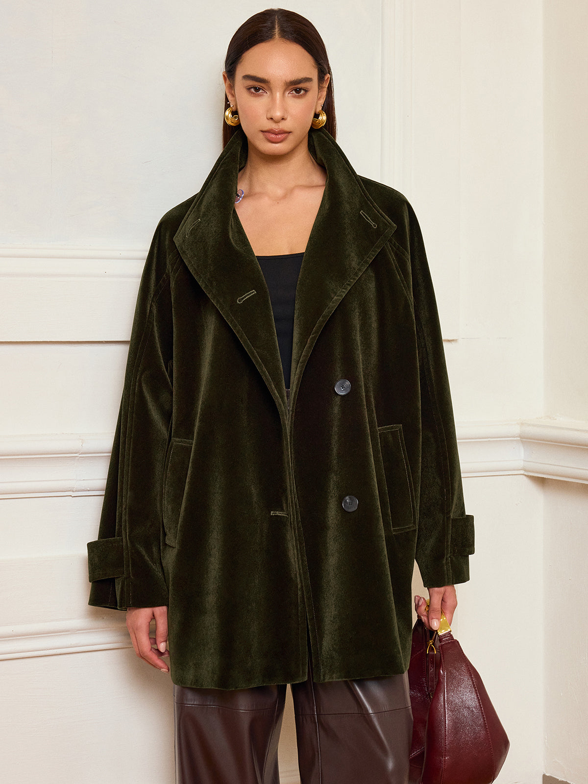 Pocketed Velvet Coat without Belt