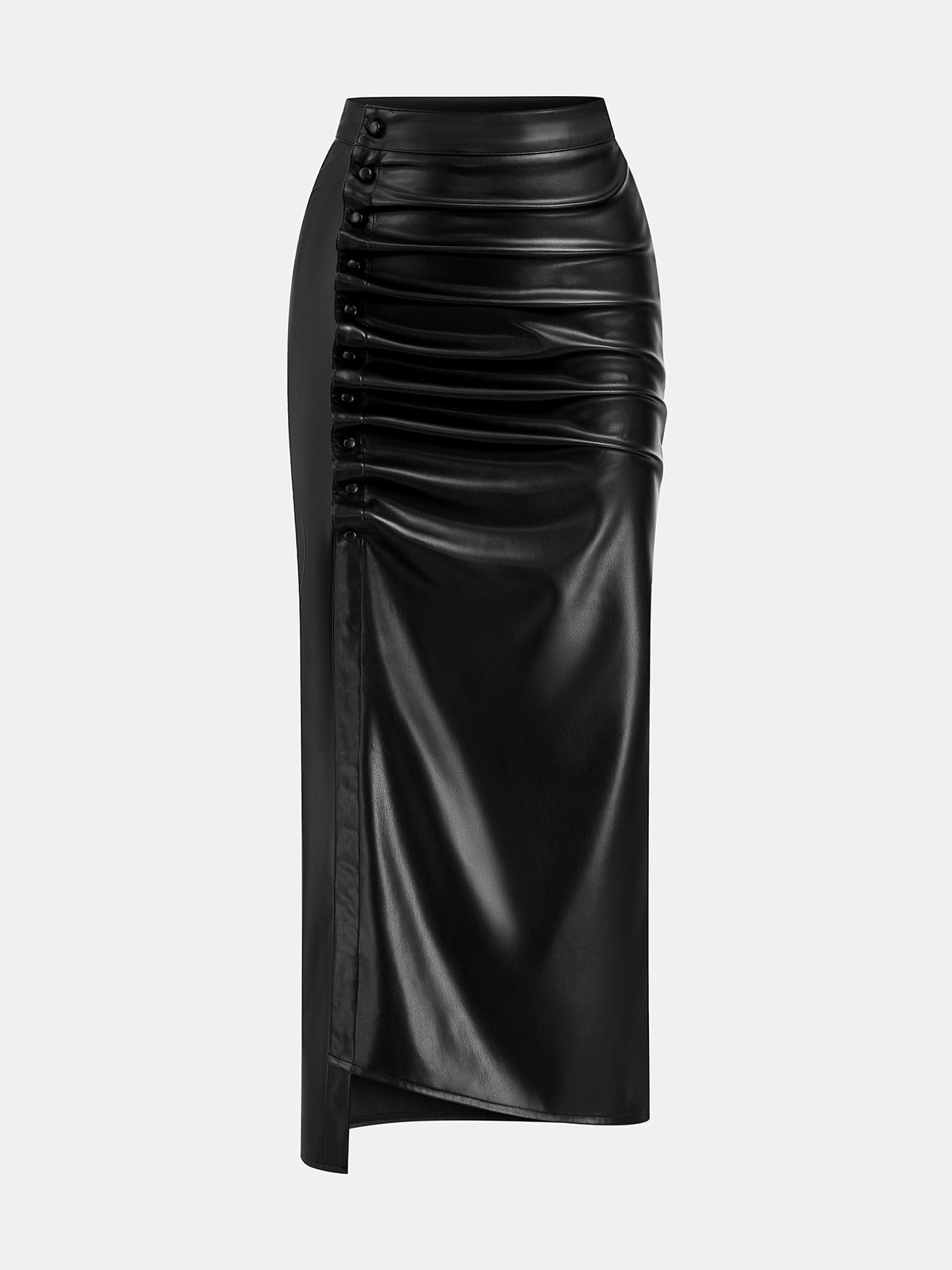 Asymmetrischer Midirock aus gerafftem Kunstleder