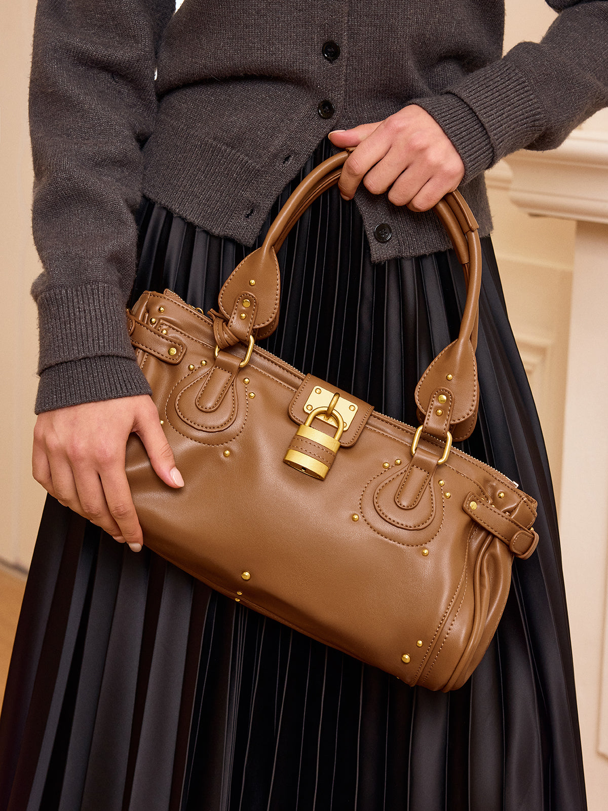 Lock Detail Studded PU Leather Top Handle Bag