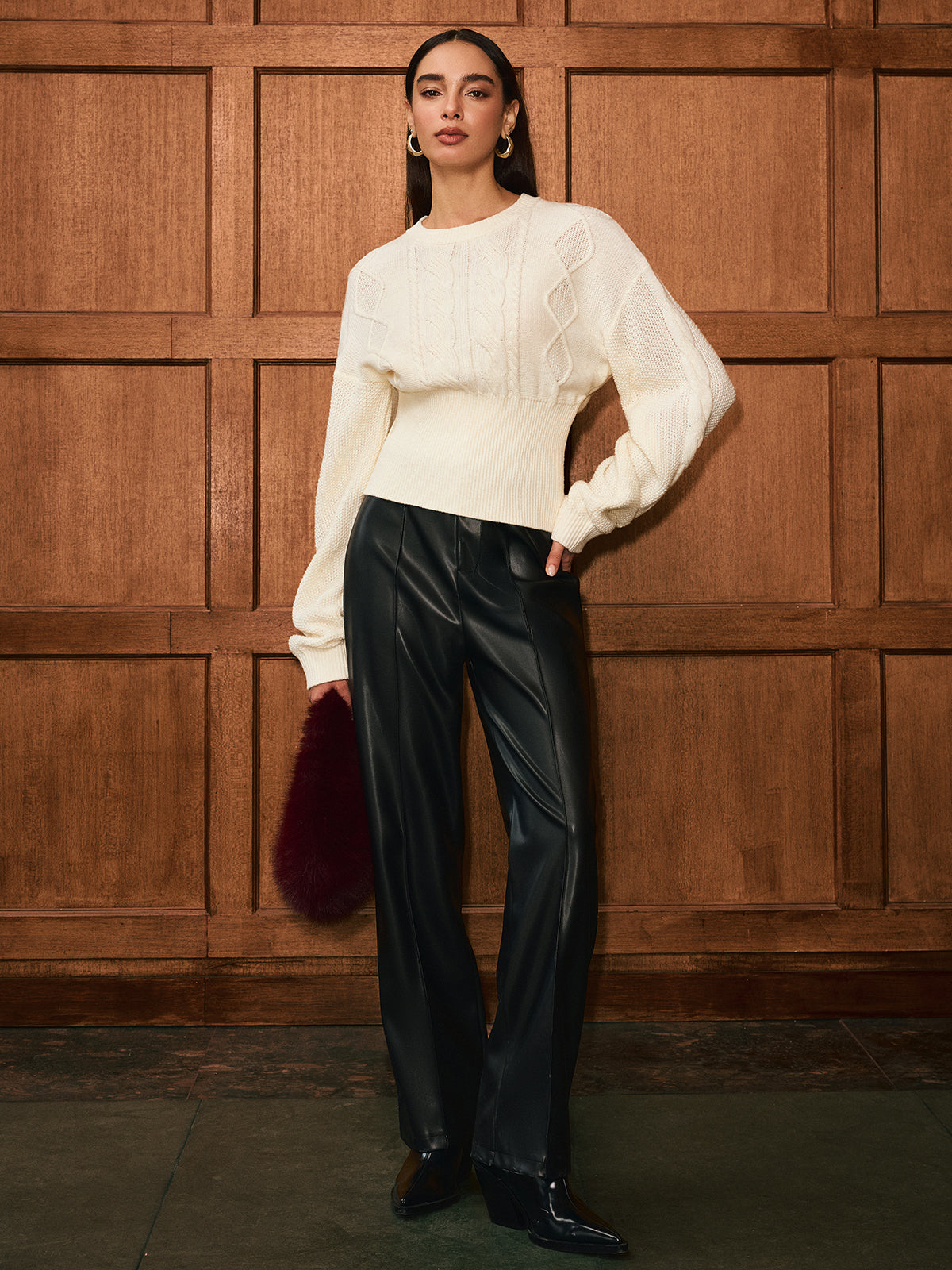 Cinched Waist Cable-Knit Wool-Blend Sweater