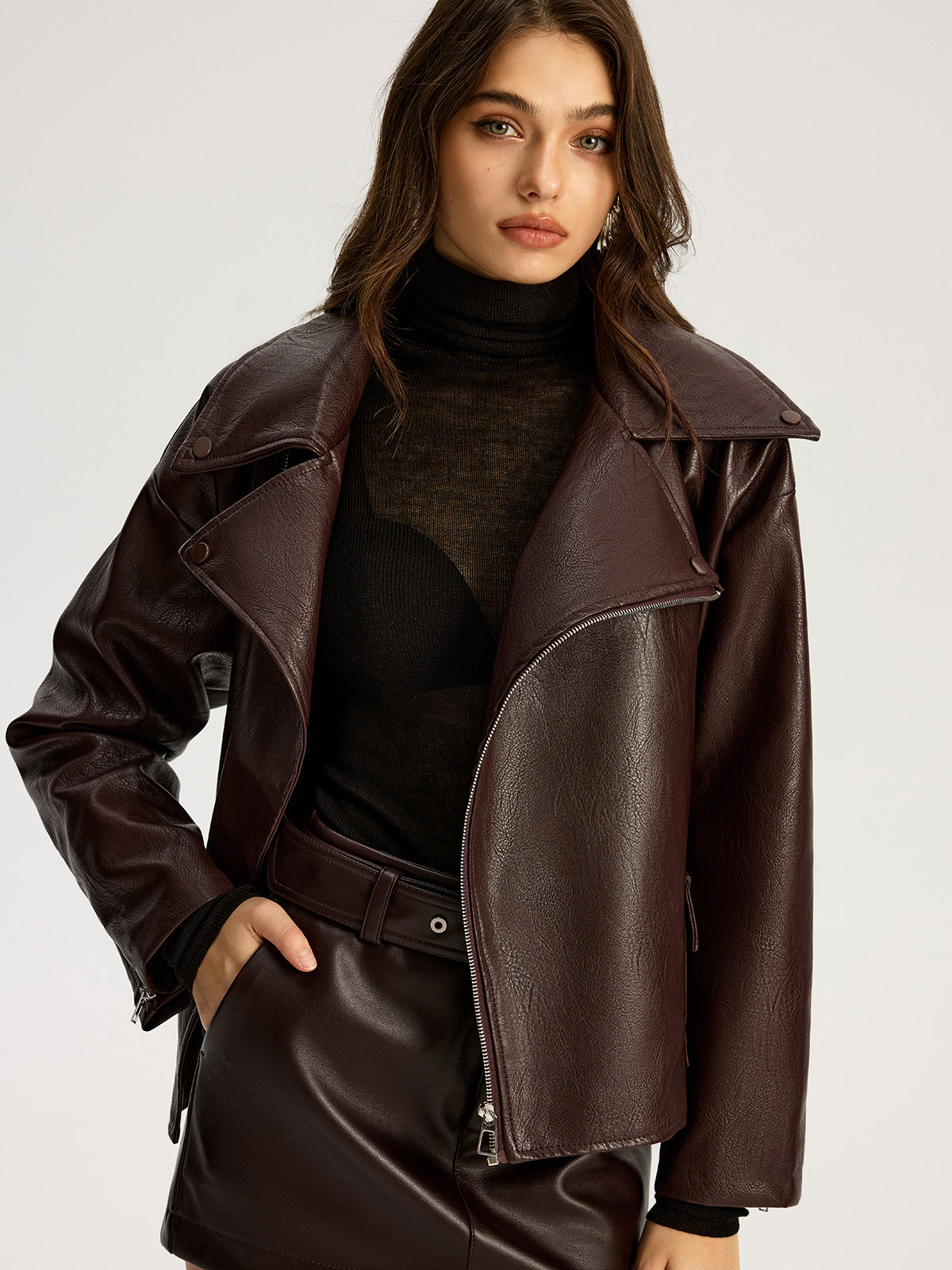 Zip Front Belted Faux Leather Jacket