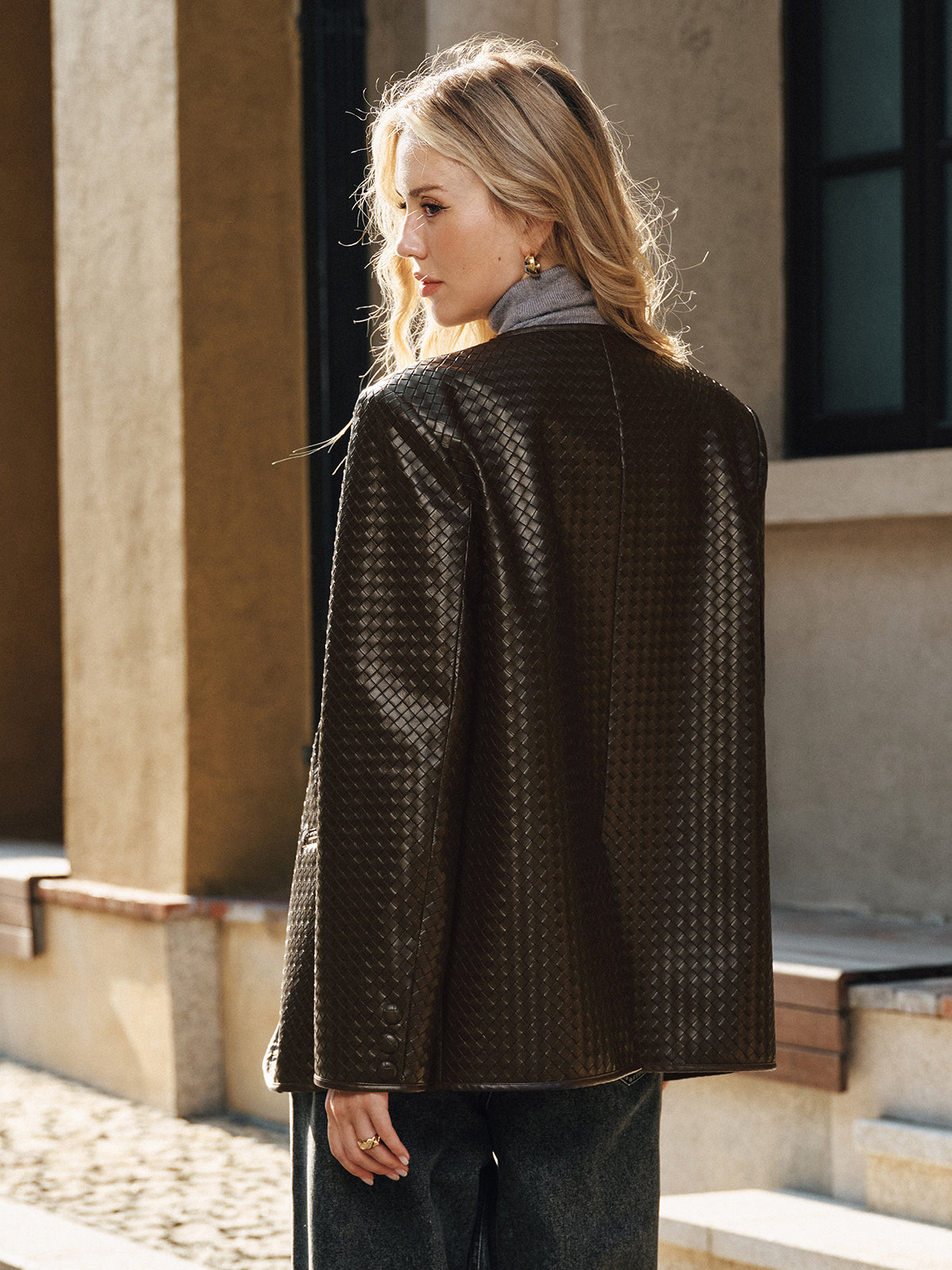 Woven-Texture Faux Leather Blazer