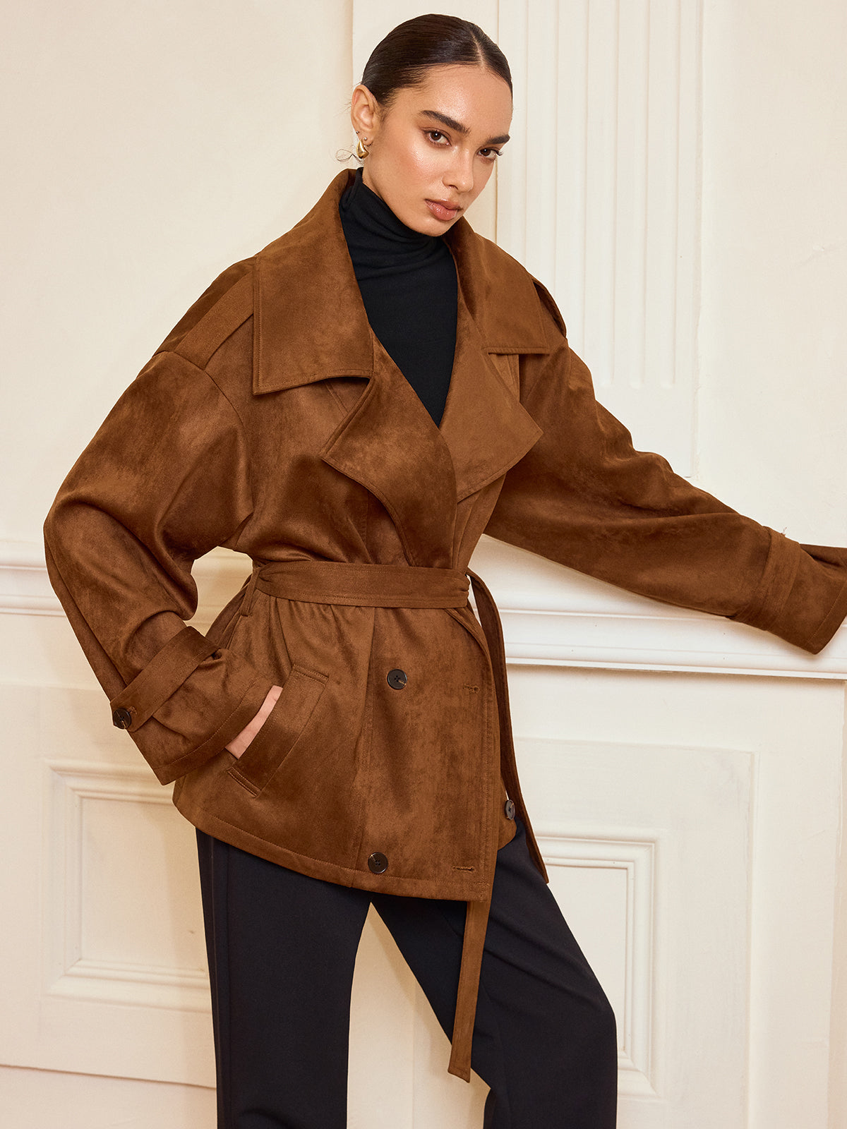 Lapel Suede Effect Belted Trench Coat