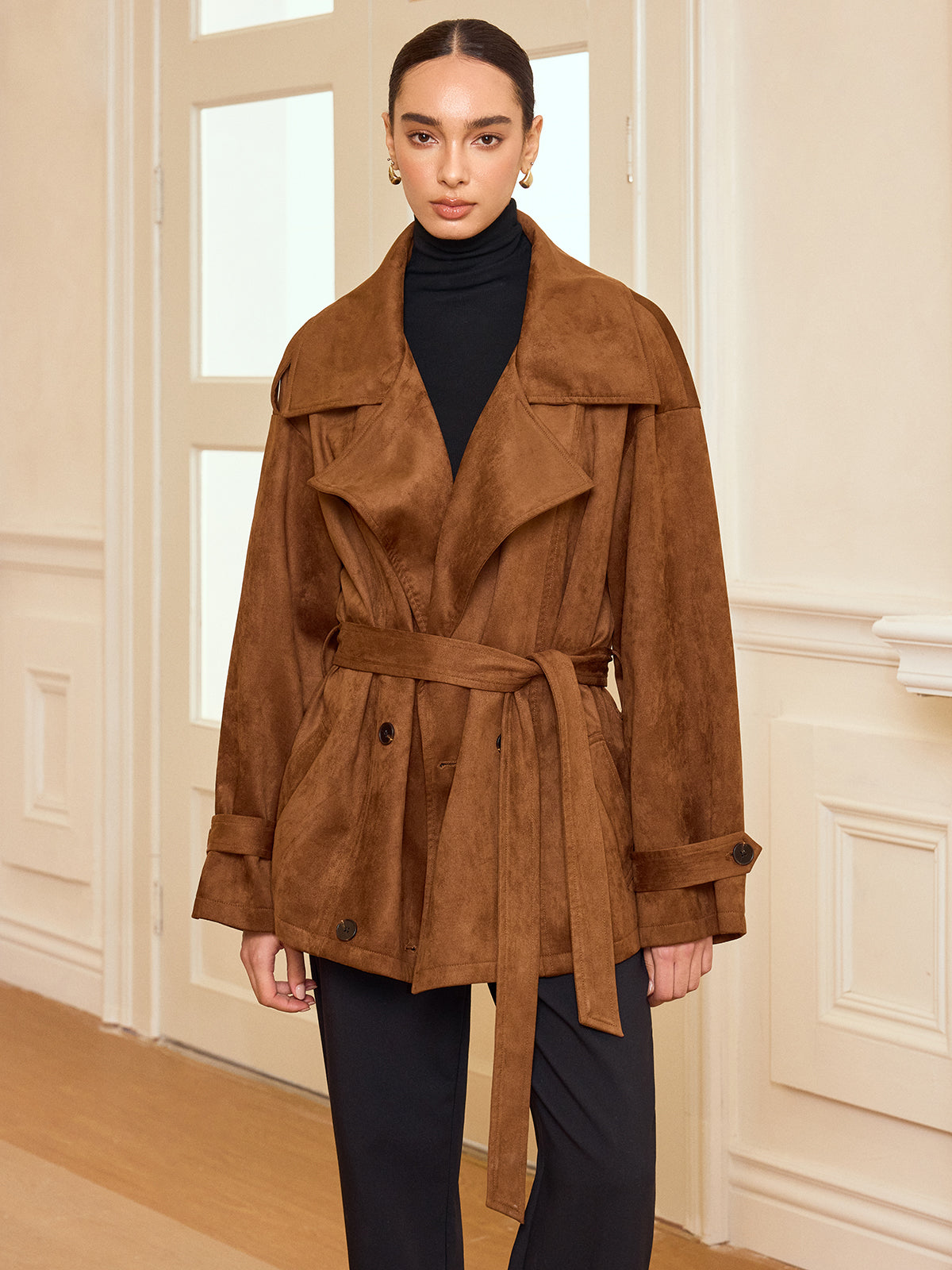Lapel Suede Effect Belted Trench Coat