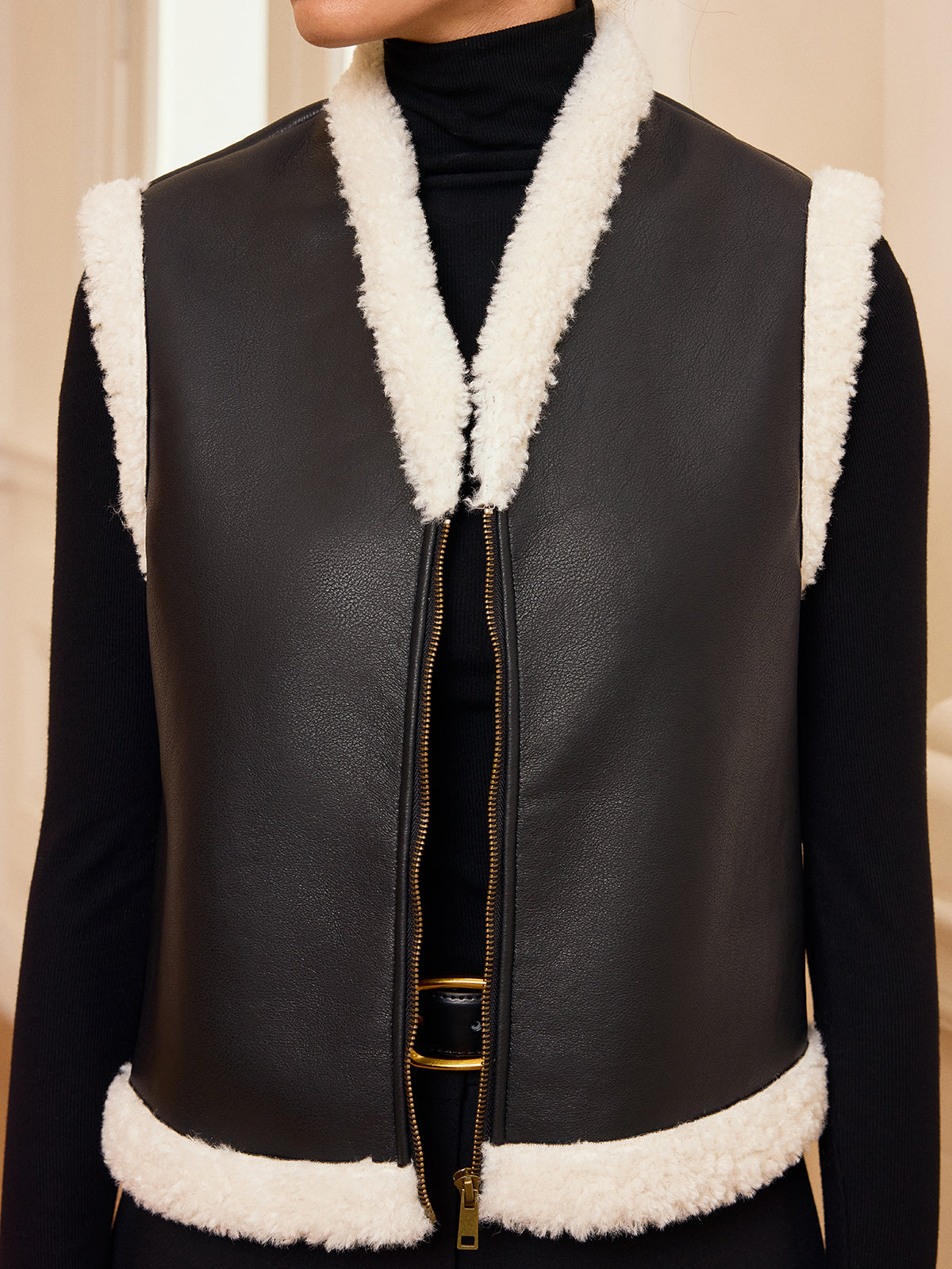 Shearling Trim Zip-Up Faux Leather Vest