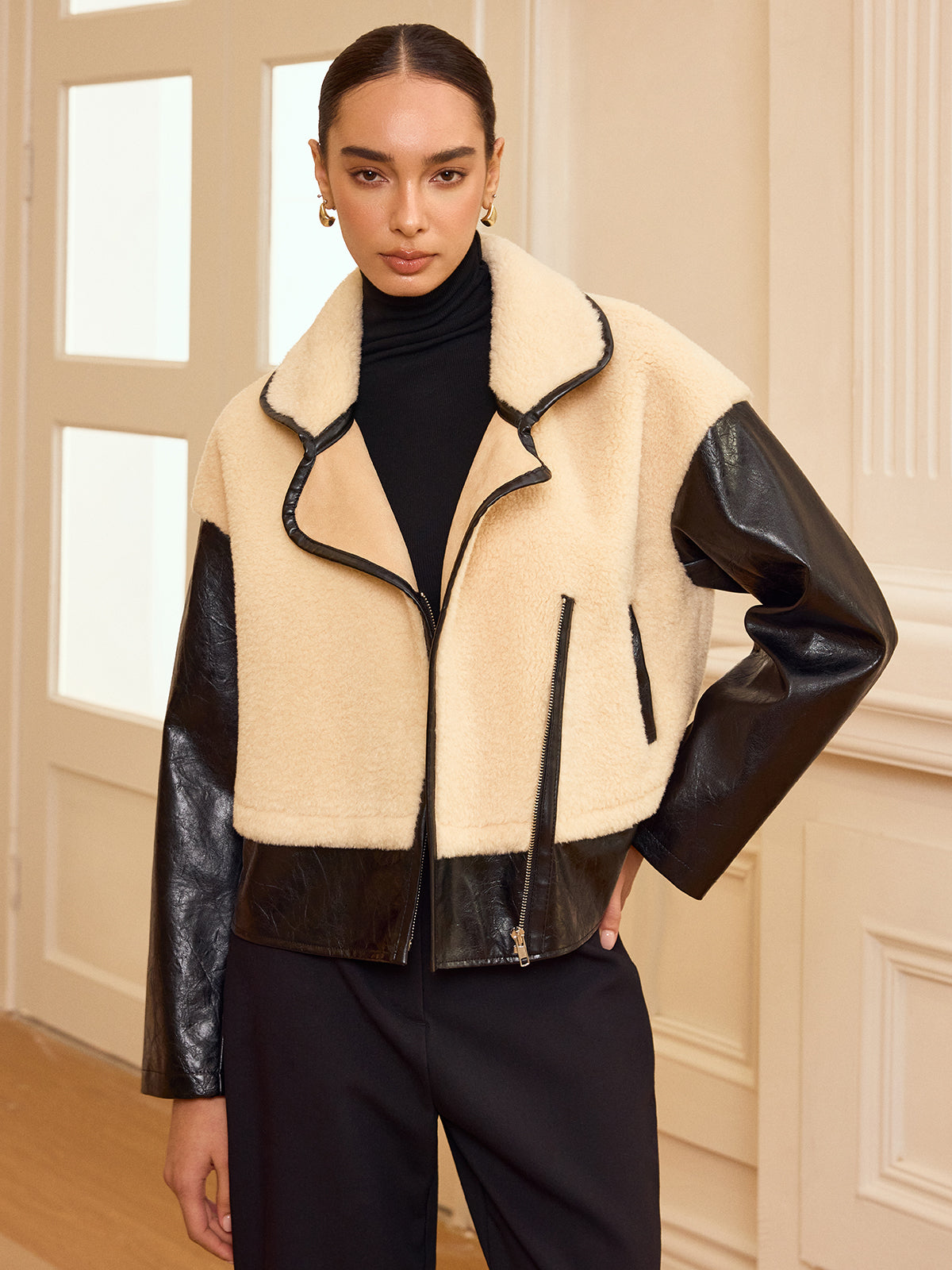 Faux Leather Panel Shearling Jacket