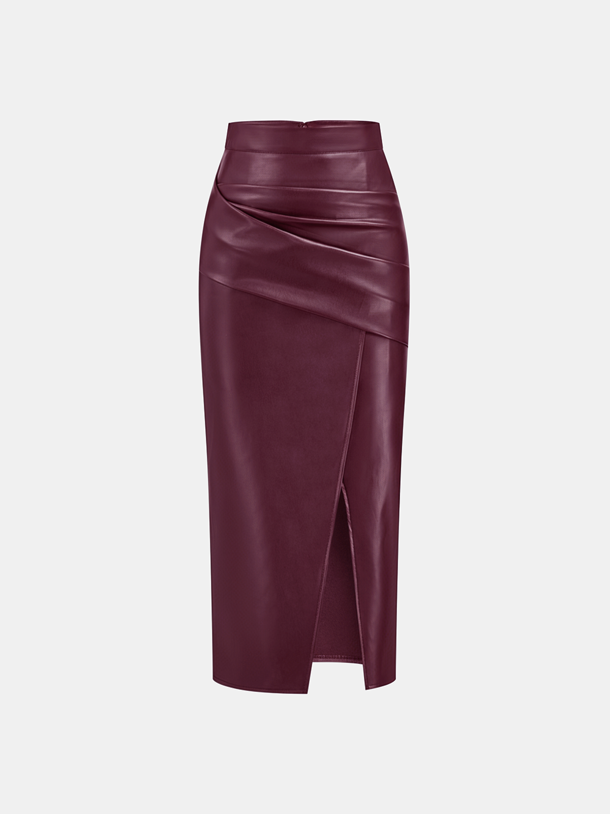 Ruched Slit PU Leather Midi Skirt