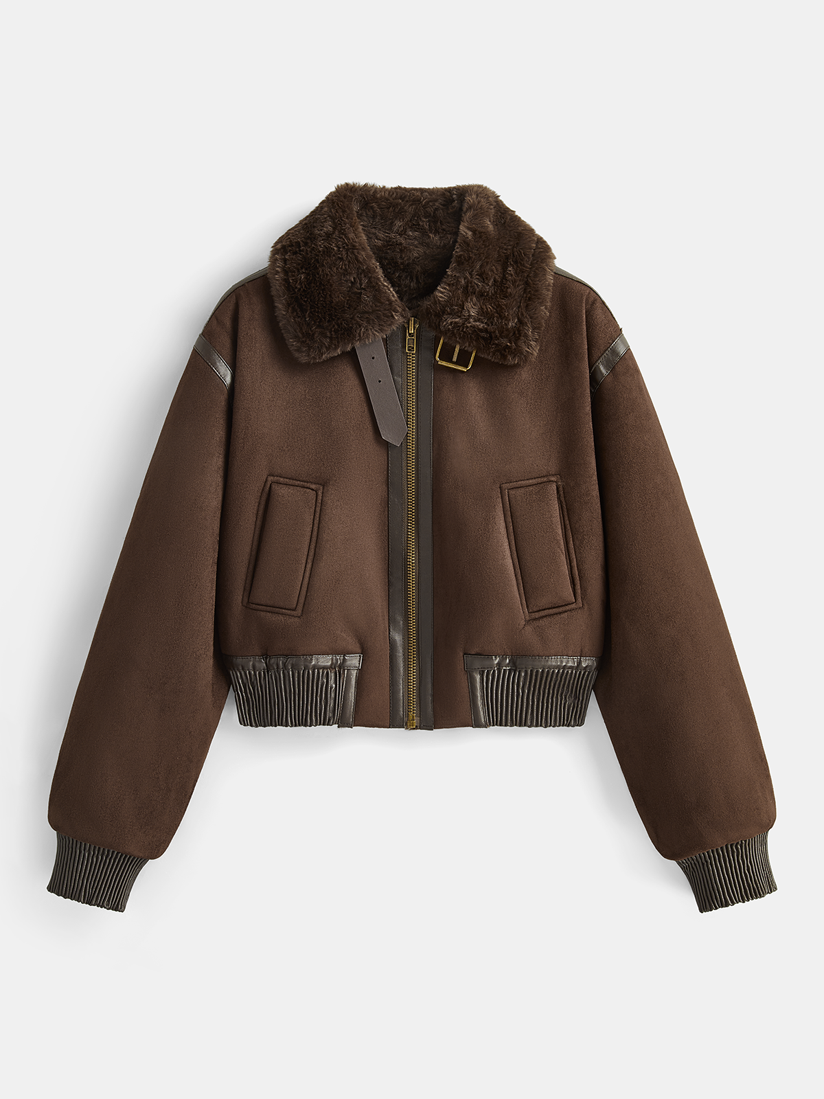 Kurzjacke aus Lammfellimitat mit Kunstlederbesatz