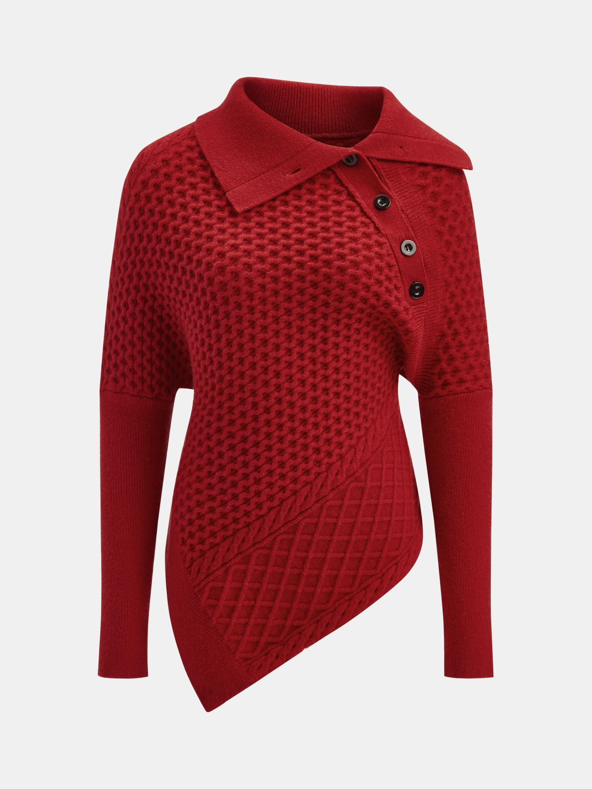 Asymmetric Textured Knit Polo Sweater