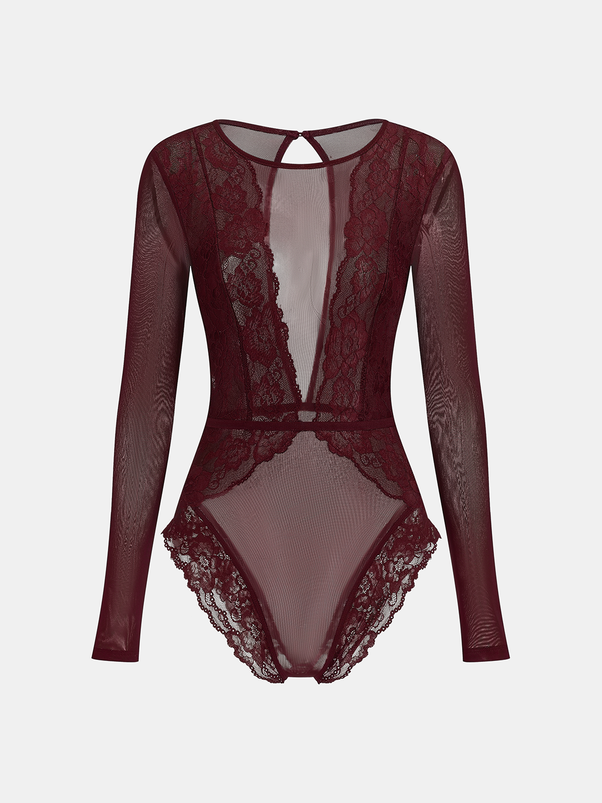 Langärmeliger transparenter Body aus Spitze und Mesh
