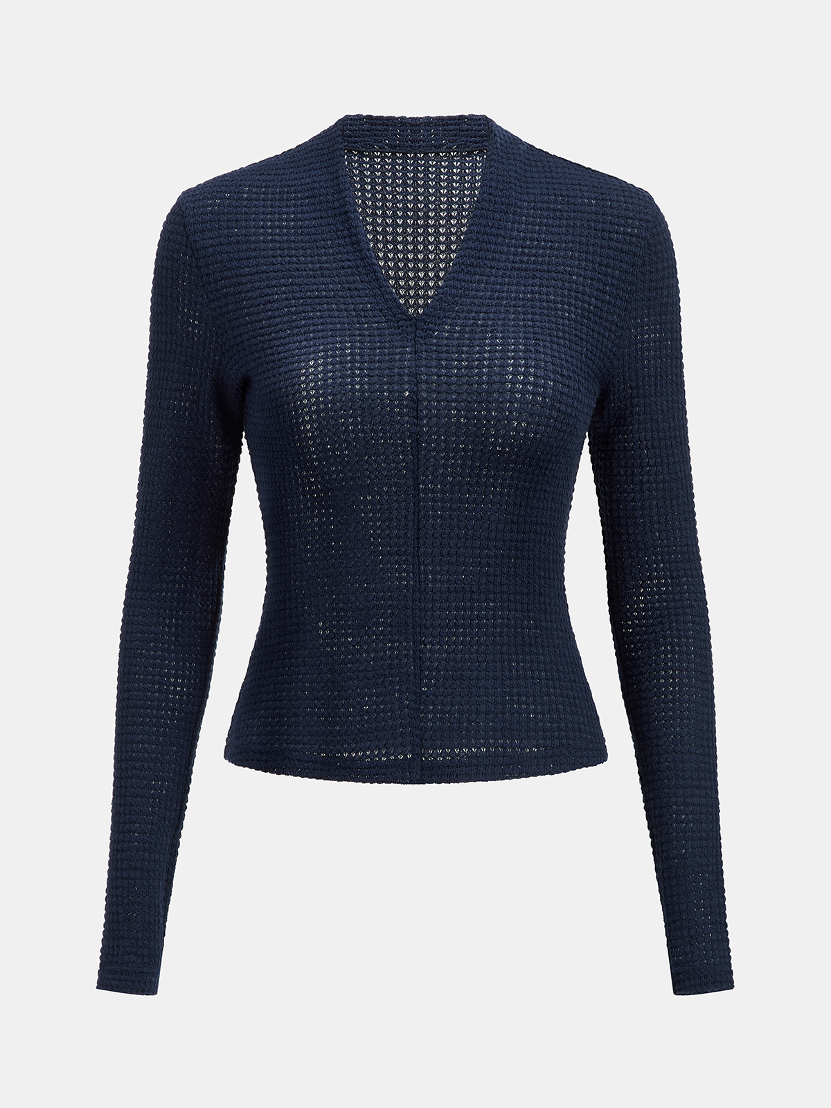 V-Neck Textured Knit Fitted Long-Sleeve Top