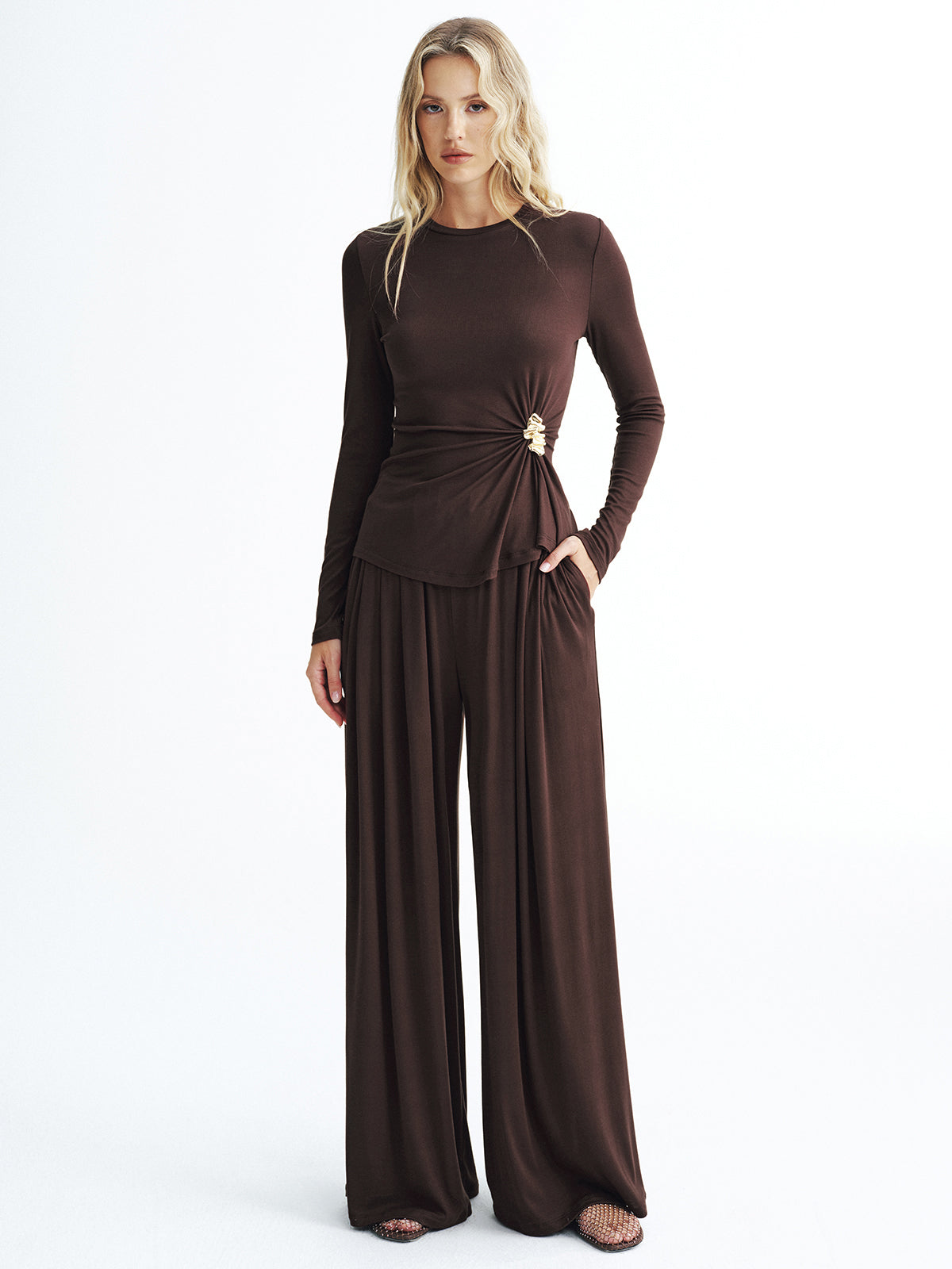 Metal Detail Top and Wide-Leg Pants Set