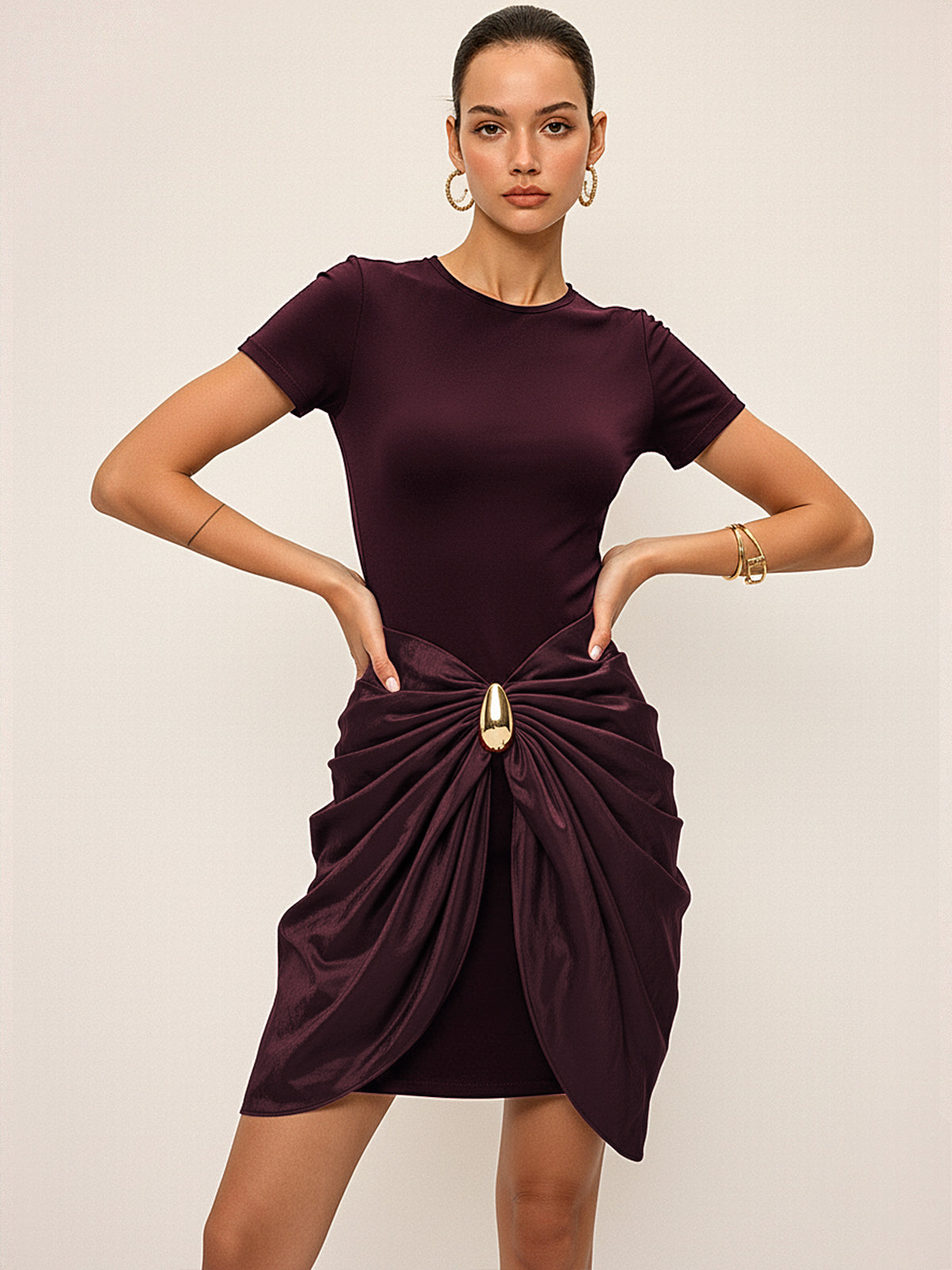 Short Sleeve Ruched Metal Buckle Dress