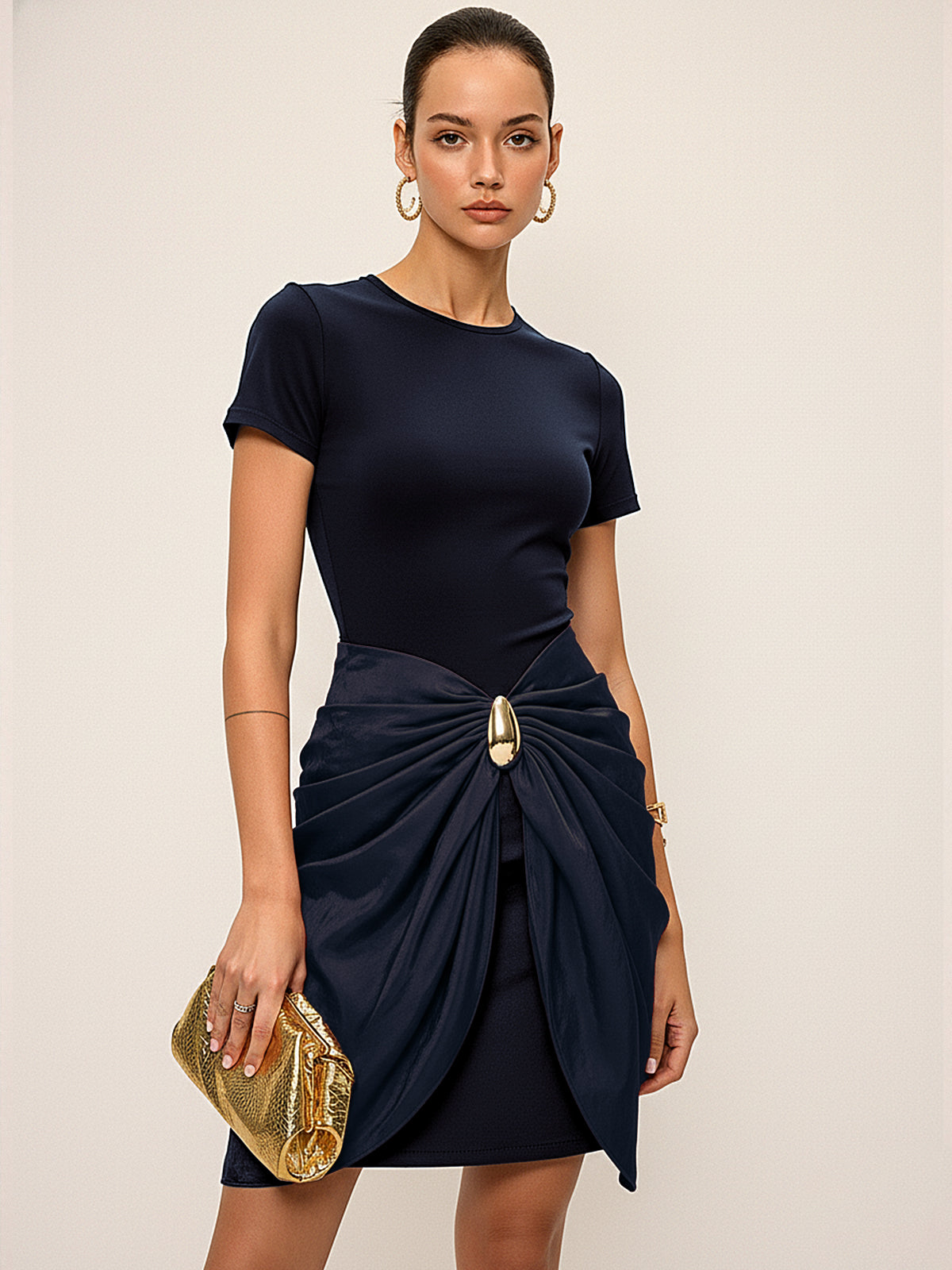 Short Sleeve Ruched Metal Buckle Dress