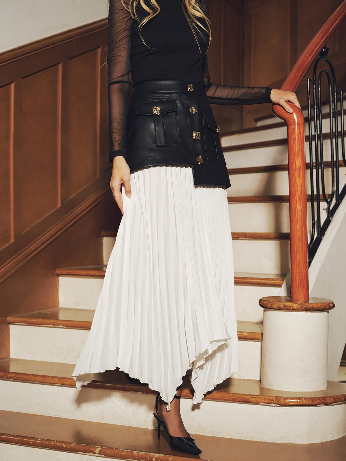 Faux Leather Paneled Asymmetric Pleated Maxi Skirt