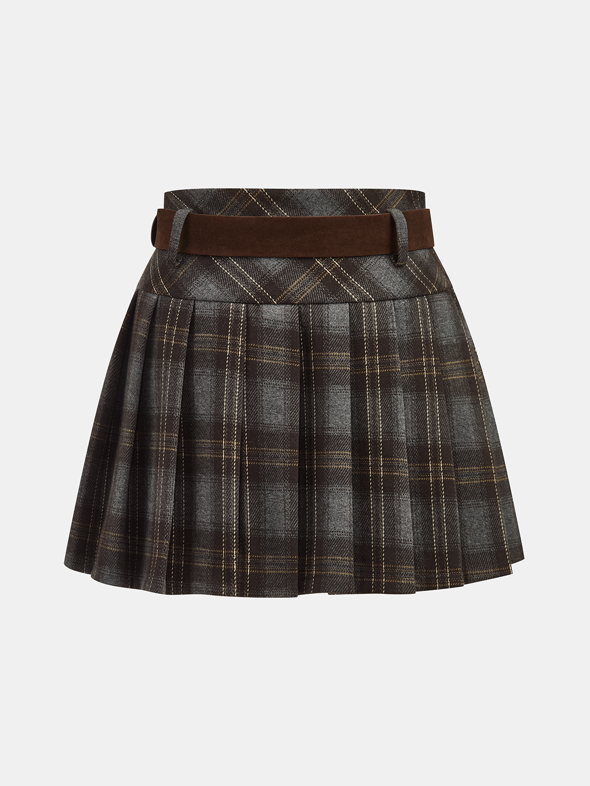 Belted Plaid Pleated Mini Skirt
