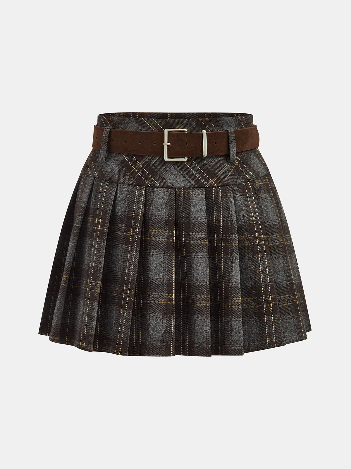 Belted Plaid Pleated Mini Skirt