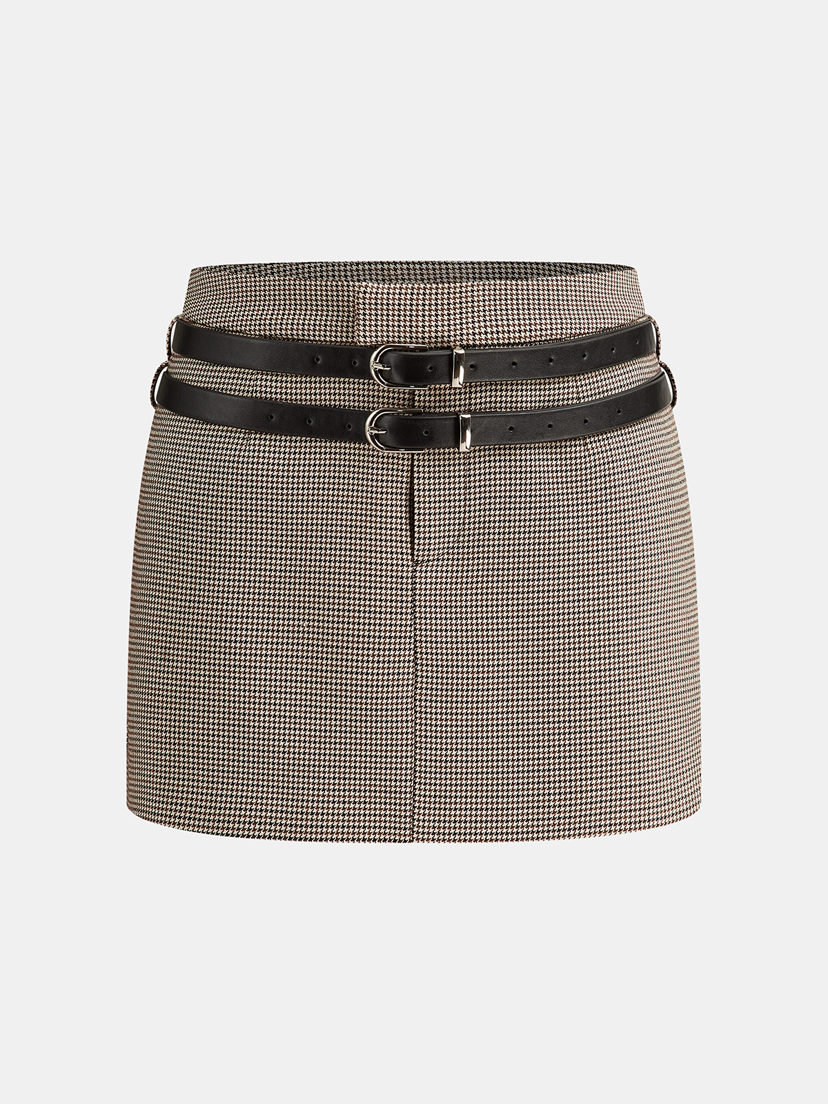 Mini-jupe pied-de-poule avec double ceinture