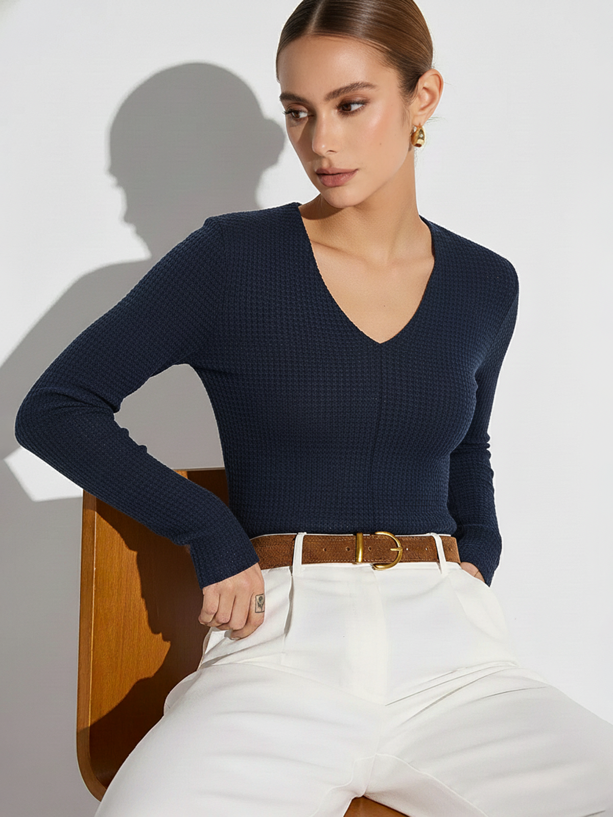 Haut ajusté à manches longues en tricot texturé avec col en V