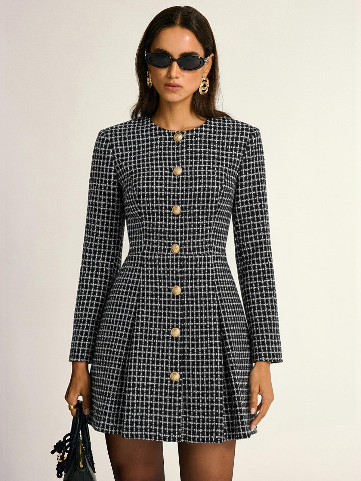 Plaid Metal Button A-Line Mini Dress