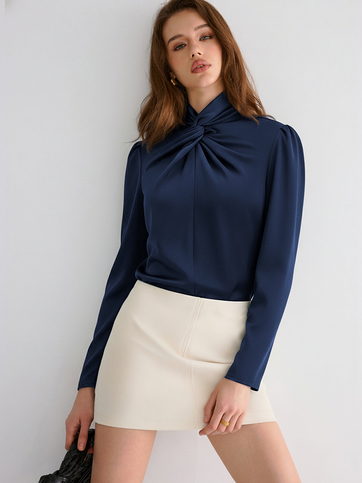 Twisted Mock Neck Long-Sleeve Satin Bodysuit