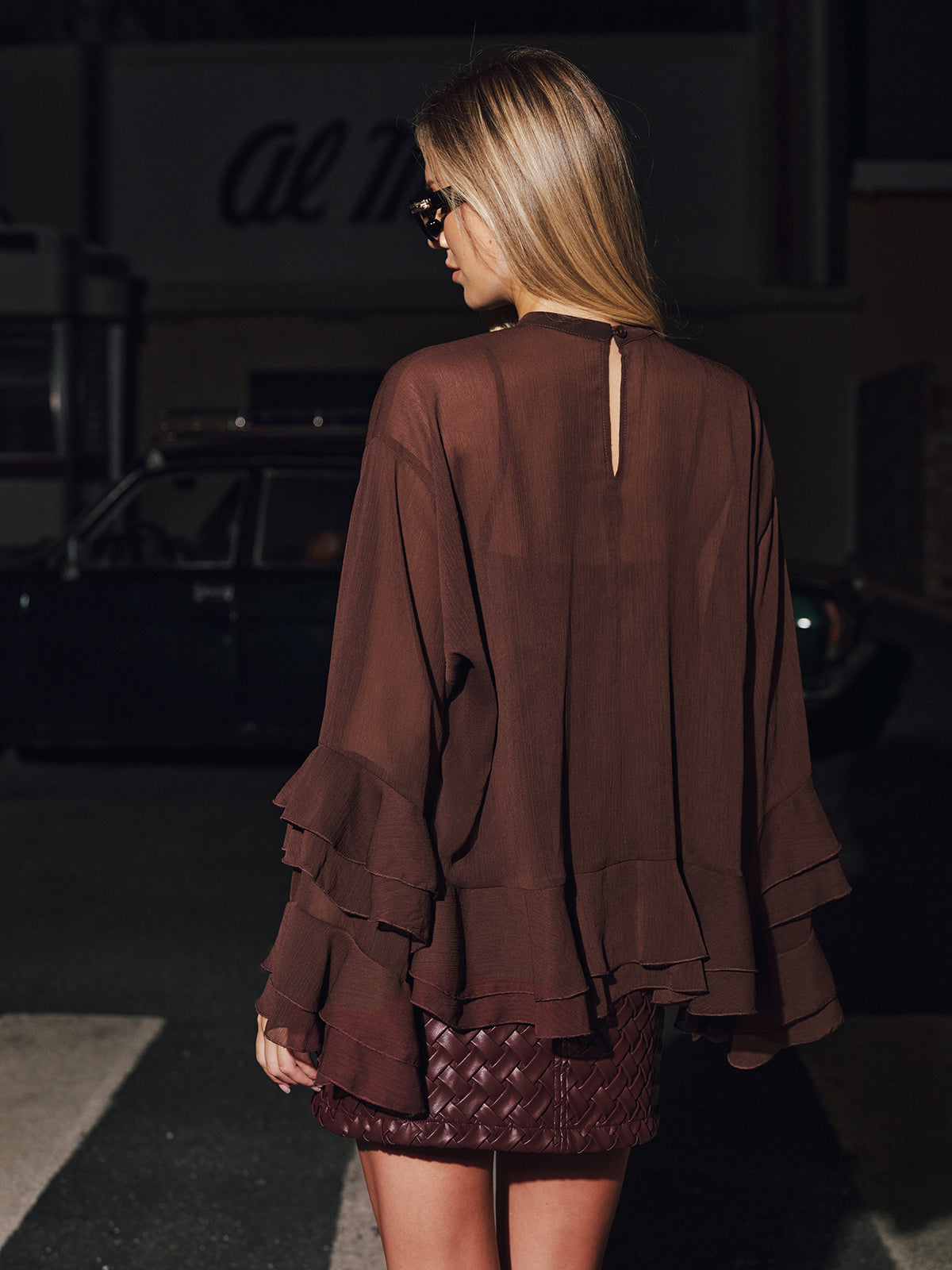 Tiered Ruffle Semi-Sheer Chiffon Blouse