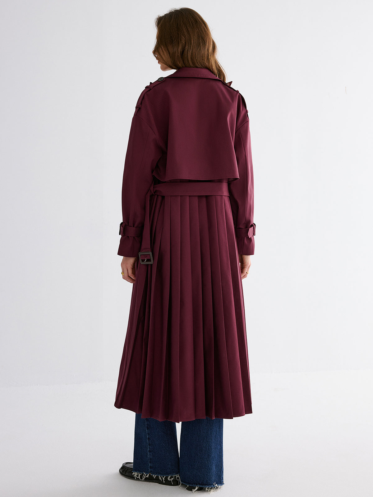 Pleated Hem Belted Trench Coat