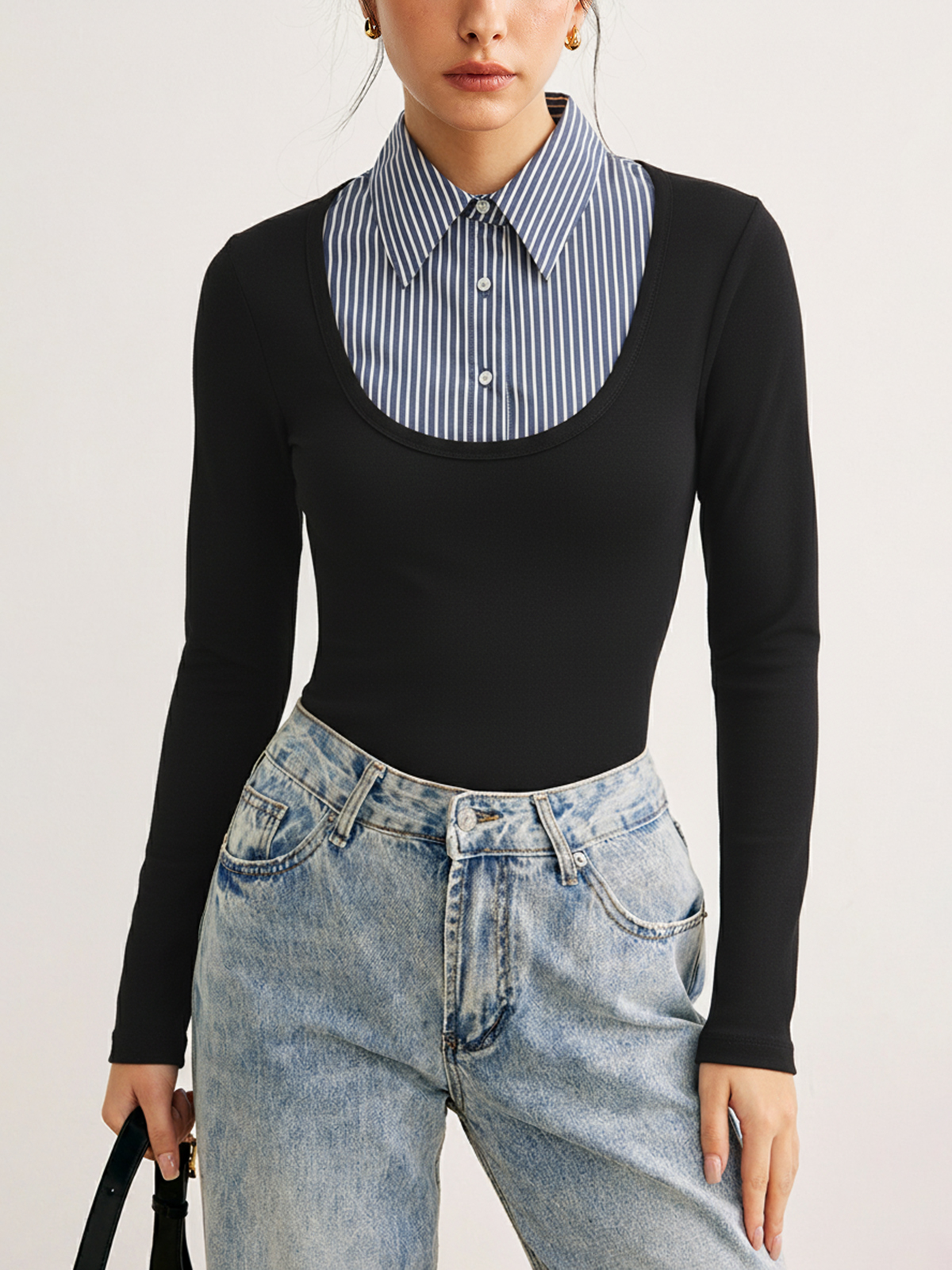 Striped Shirt Panel Long-Sleeve Knit Top