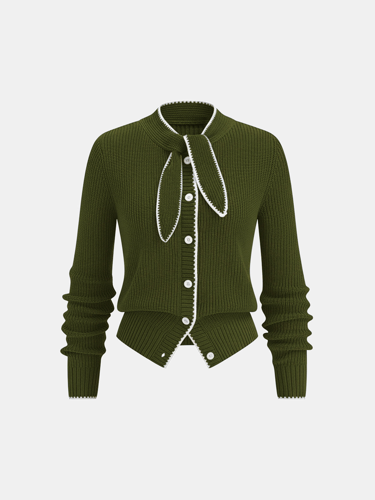 Tie Neck Contrast Trim Wool Blend Cardigan