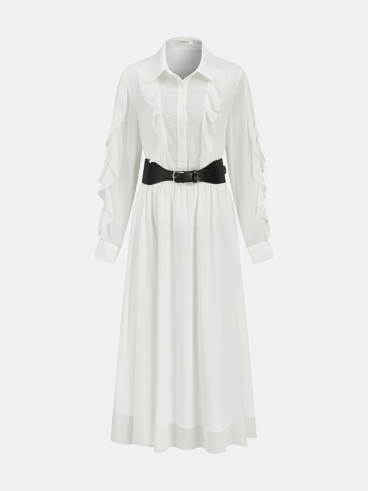 Ruffled Shirt and Midi Skirt Set with Belt