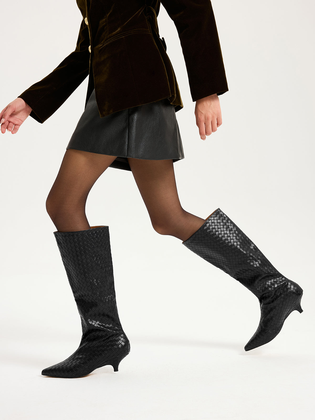 Bottes hautes à talon chaton en polyuréthane tissé