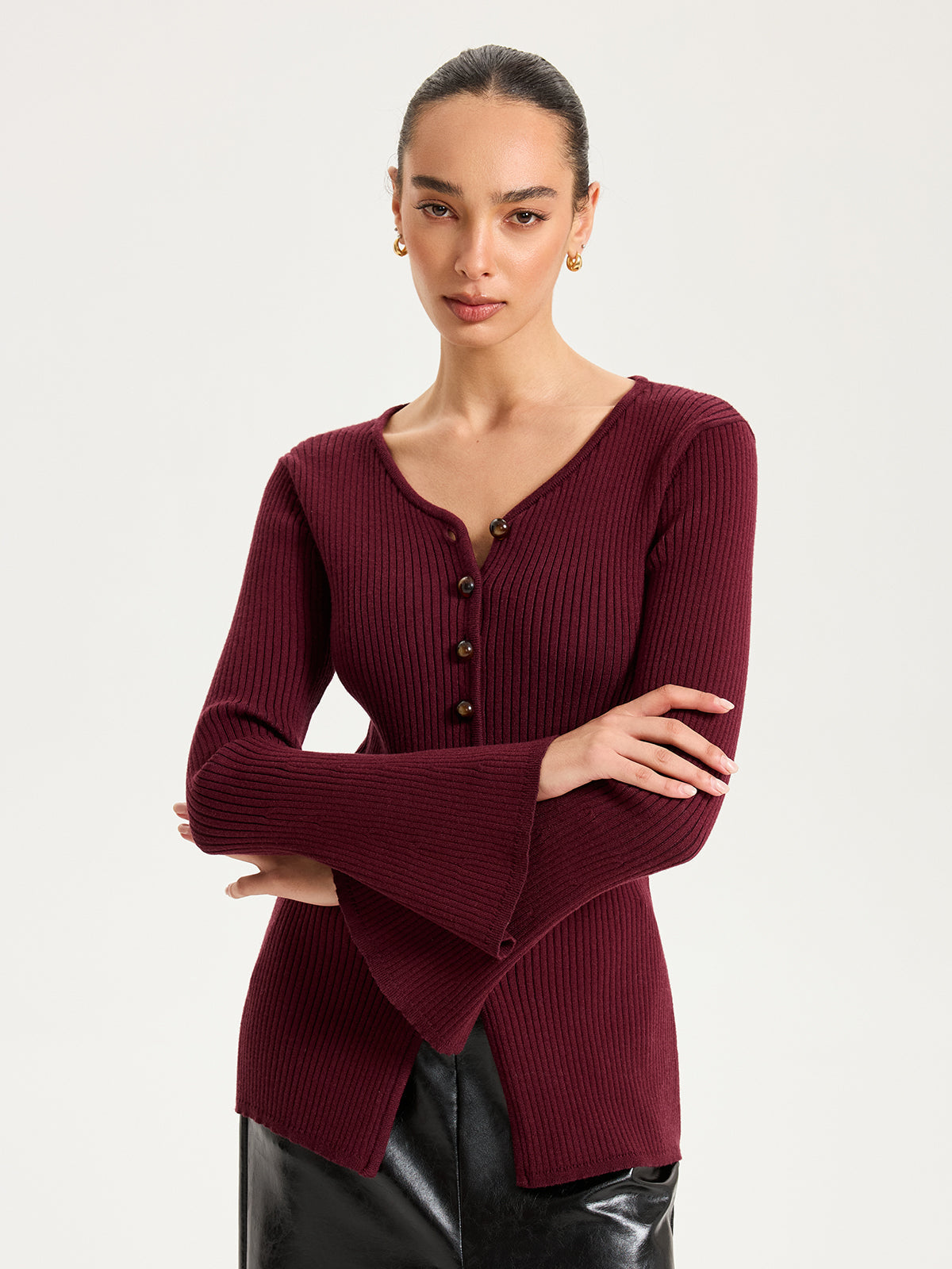 Button-Front Ribbed Knit Top