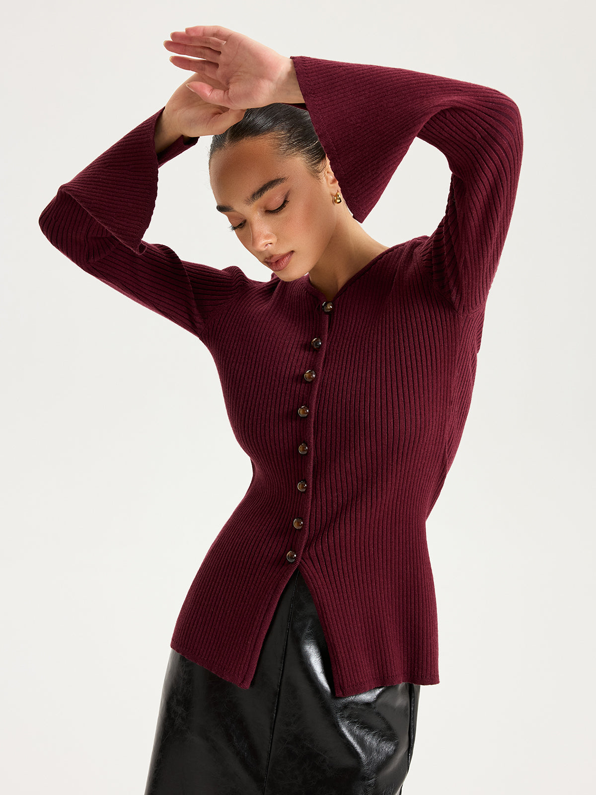 Button-Front Ribbed Knit Top