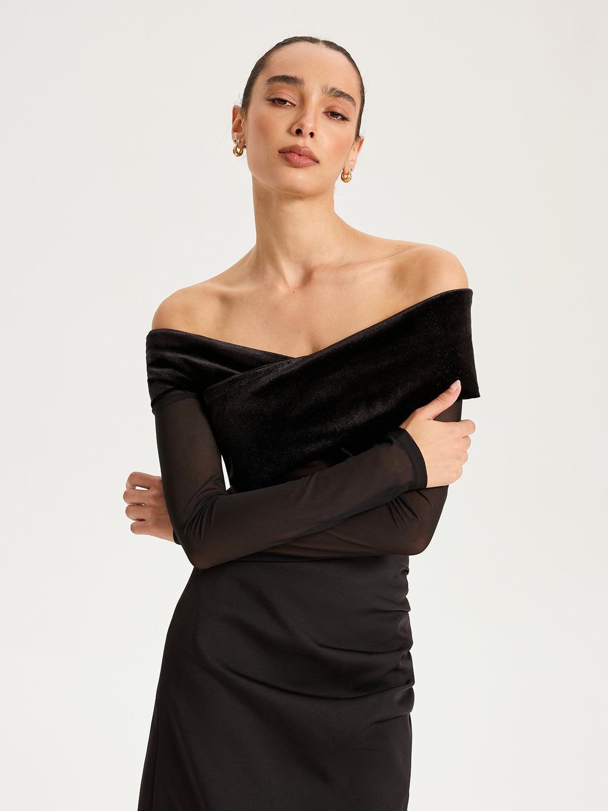Mesh Paneled Velvet Off-Shoulder Long Sleeve Top