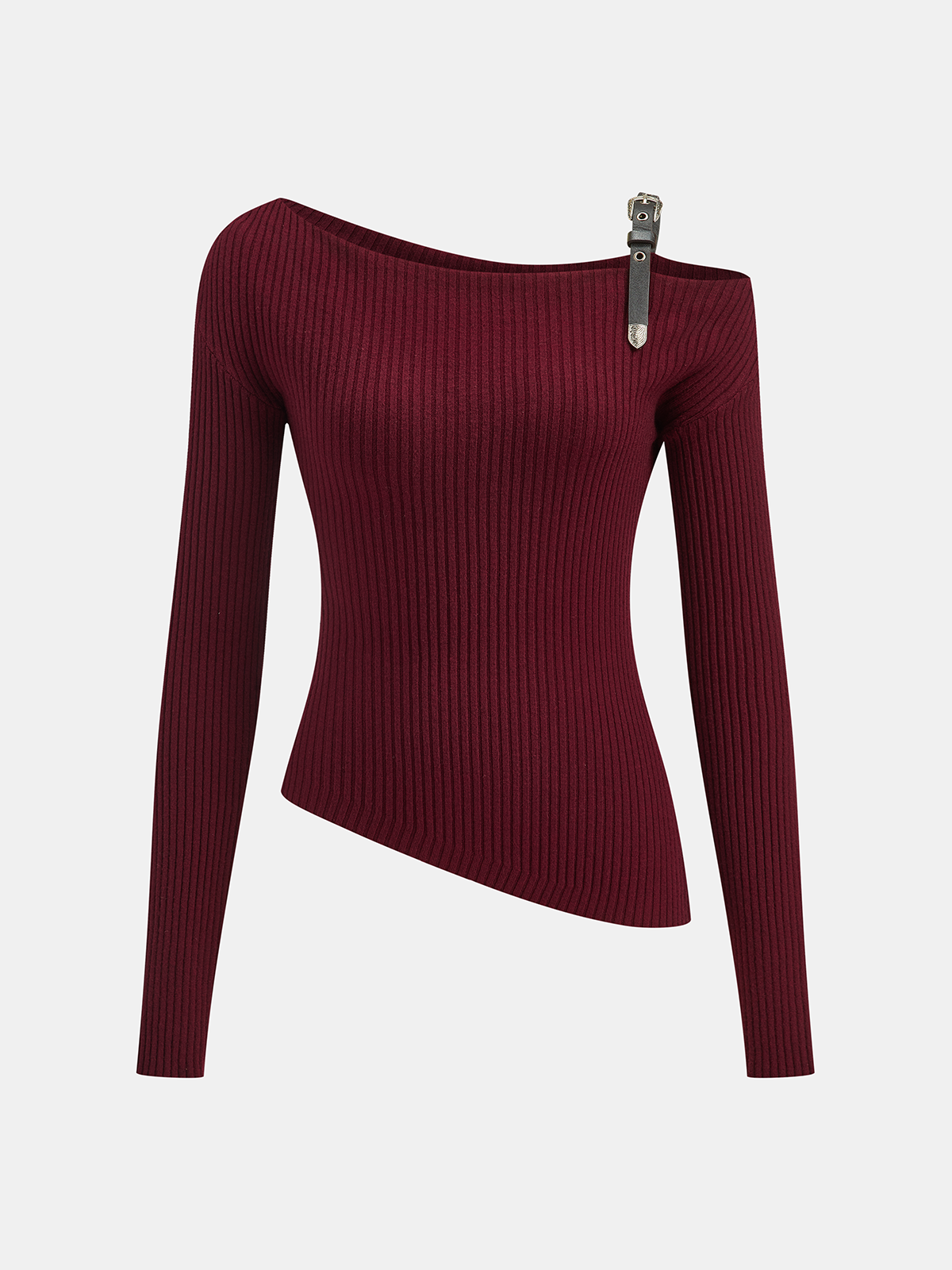 Belt Strap Detail Asymmetric Rib-Knit Top