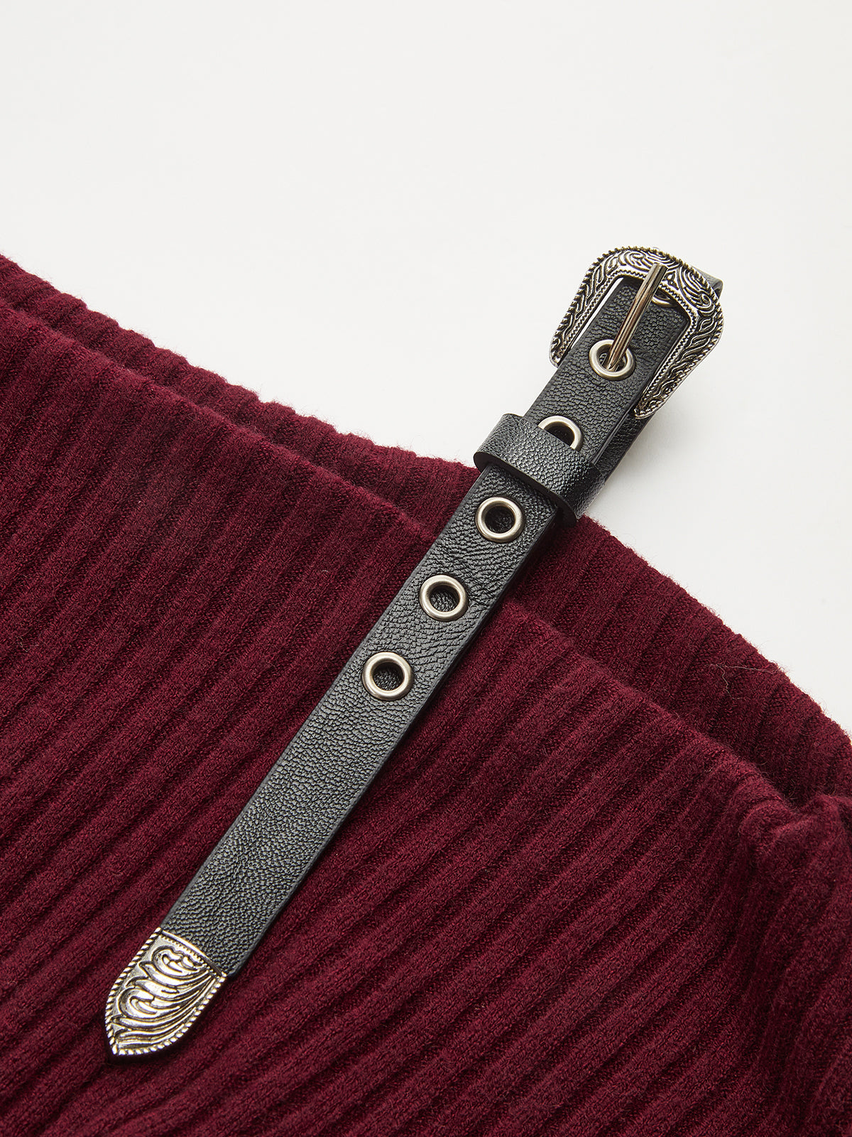 Belt Strap Detail Asymmetric Rib-Knit Top