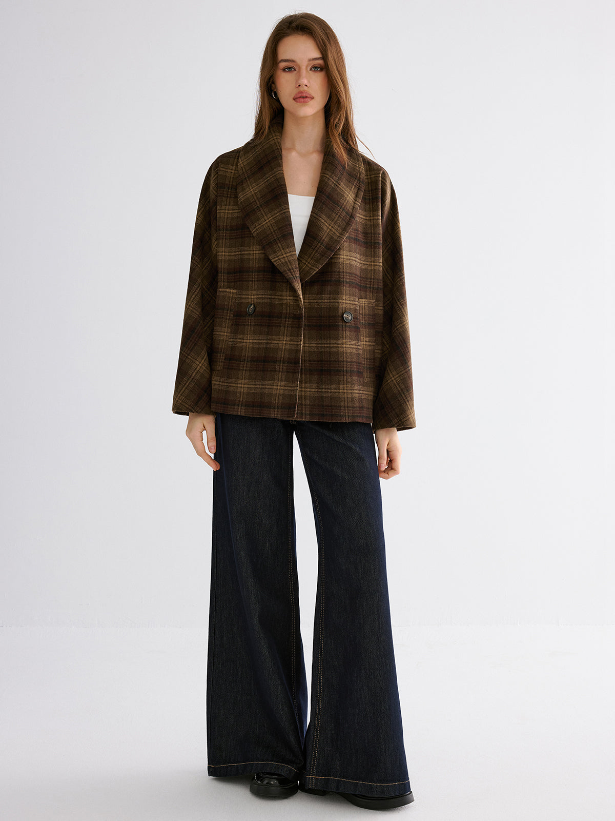 Wool-blend Gingham Loose Coat