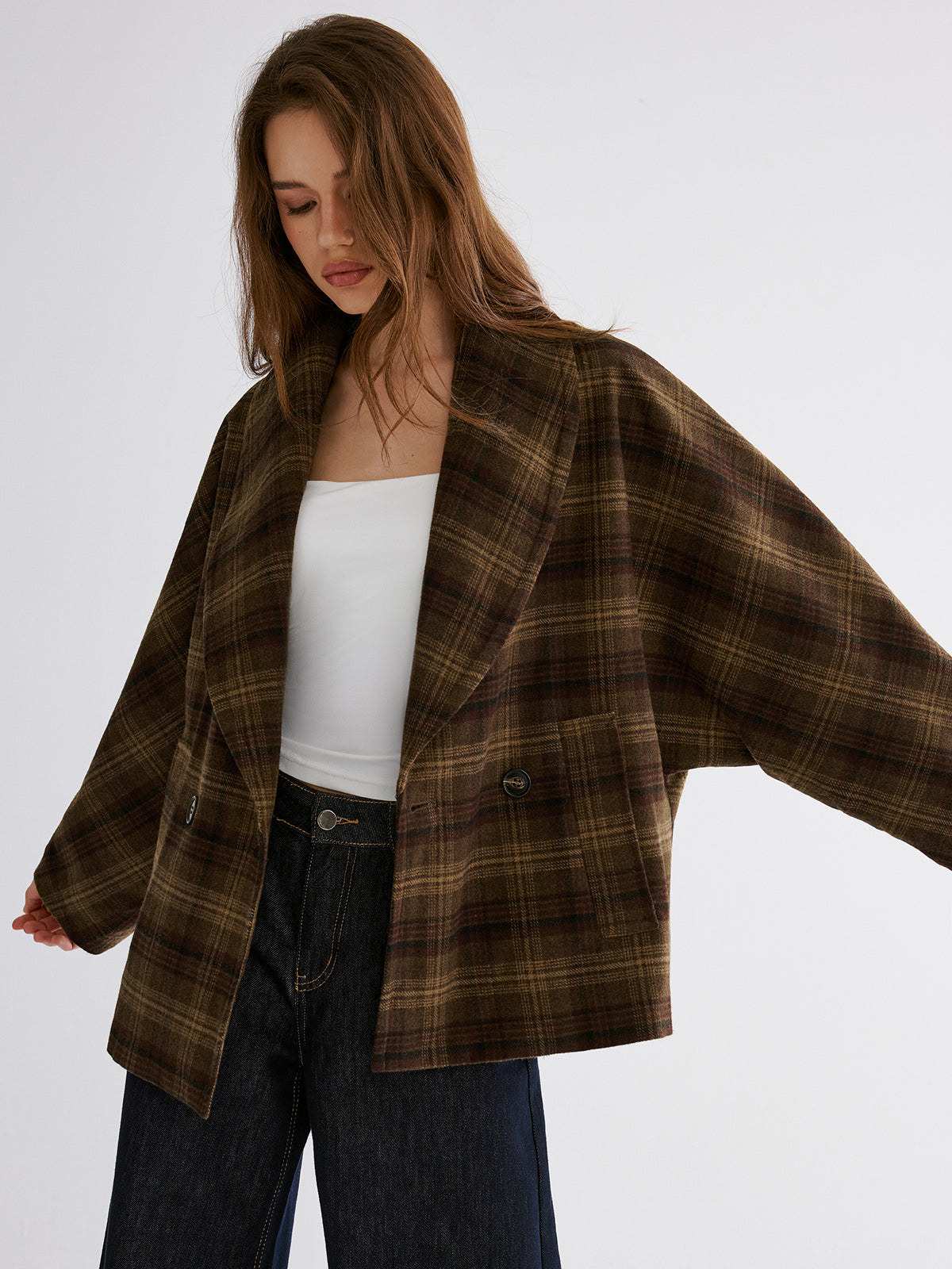 Wool-blend Gingham Loose Coat