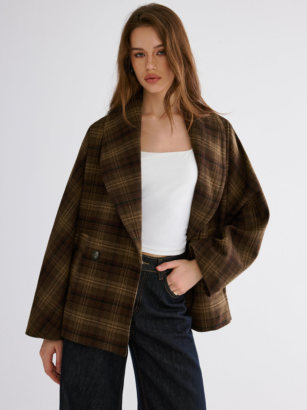 Wool-blend Gingham Loose Coat