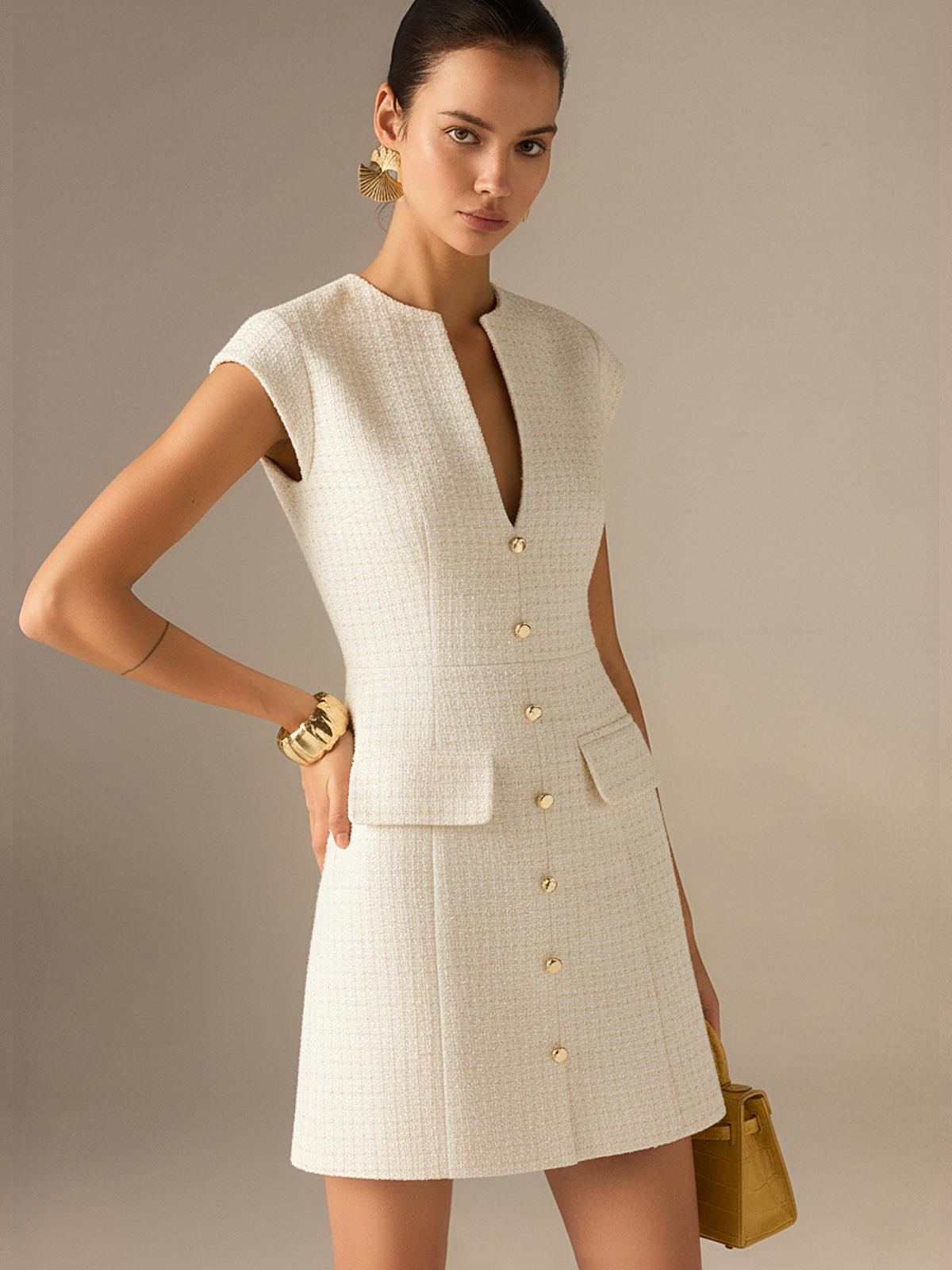 Robe mini sans manches en tweed à boutons métalliques