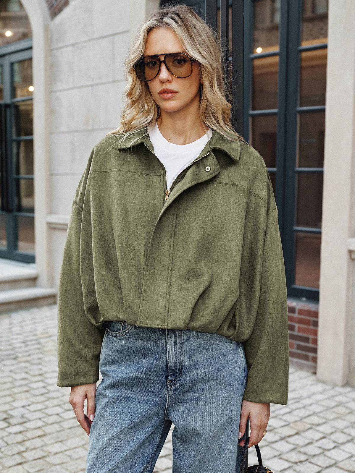 Jacke mit Reißverschluss, Kragen und Wildleder-Optik