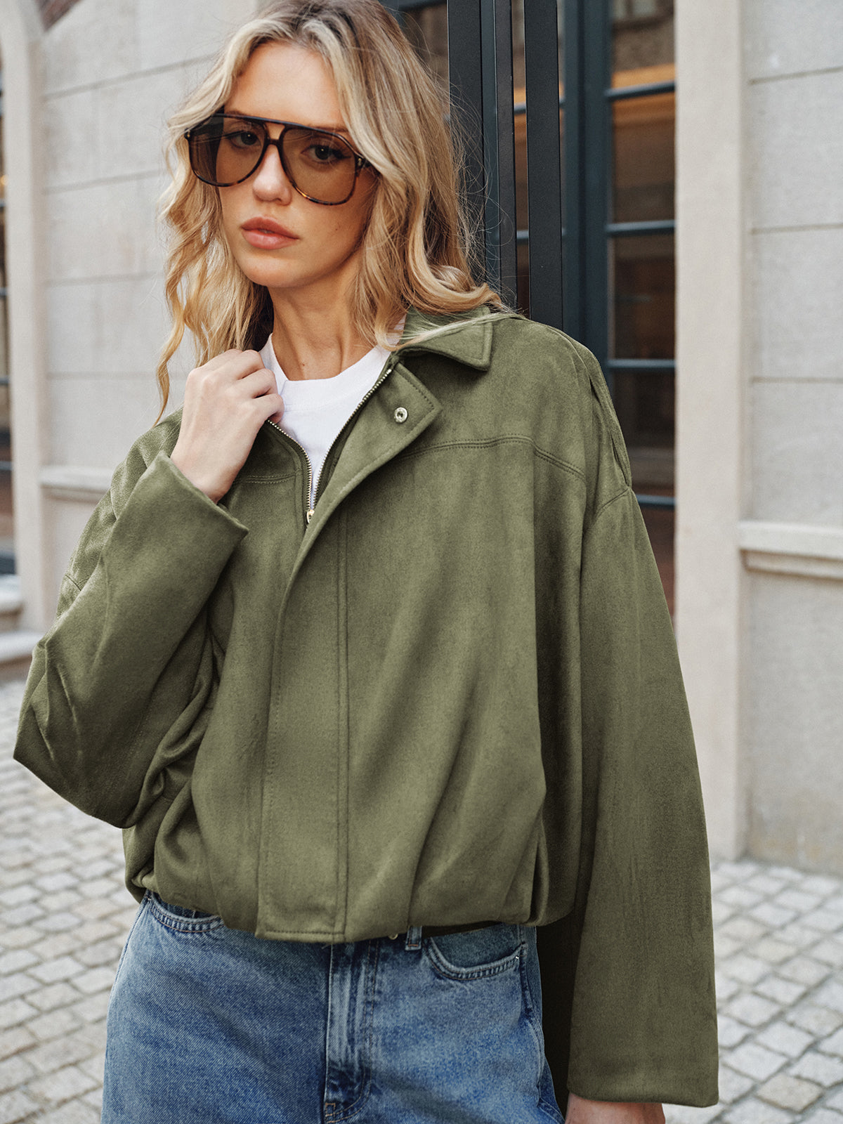 Suede Effect Zip-Up Collared Jacket