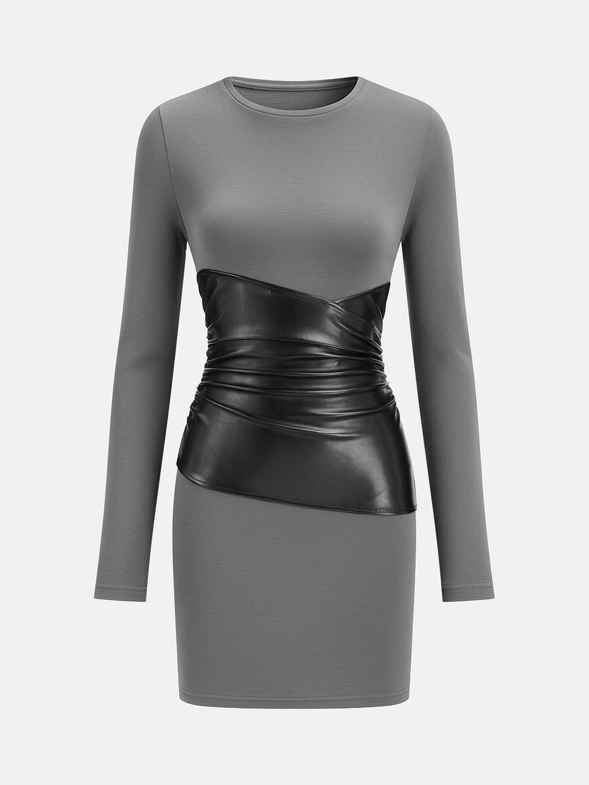 PU Leather Panel Long Sleeve Knit Dress