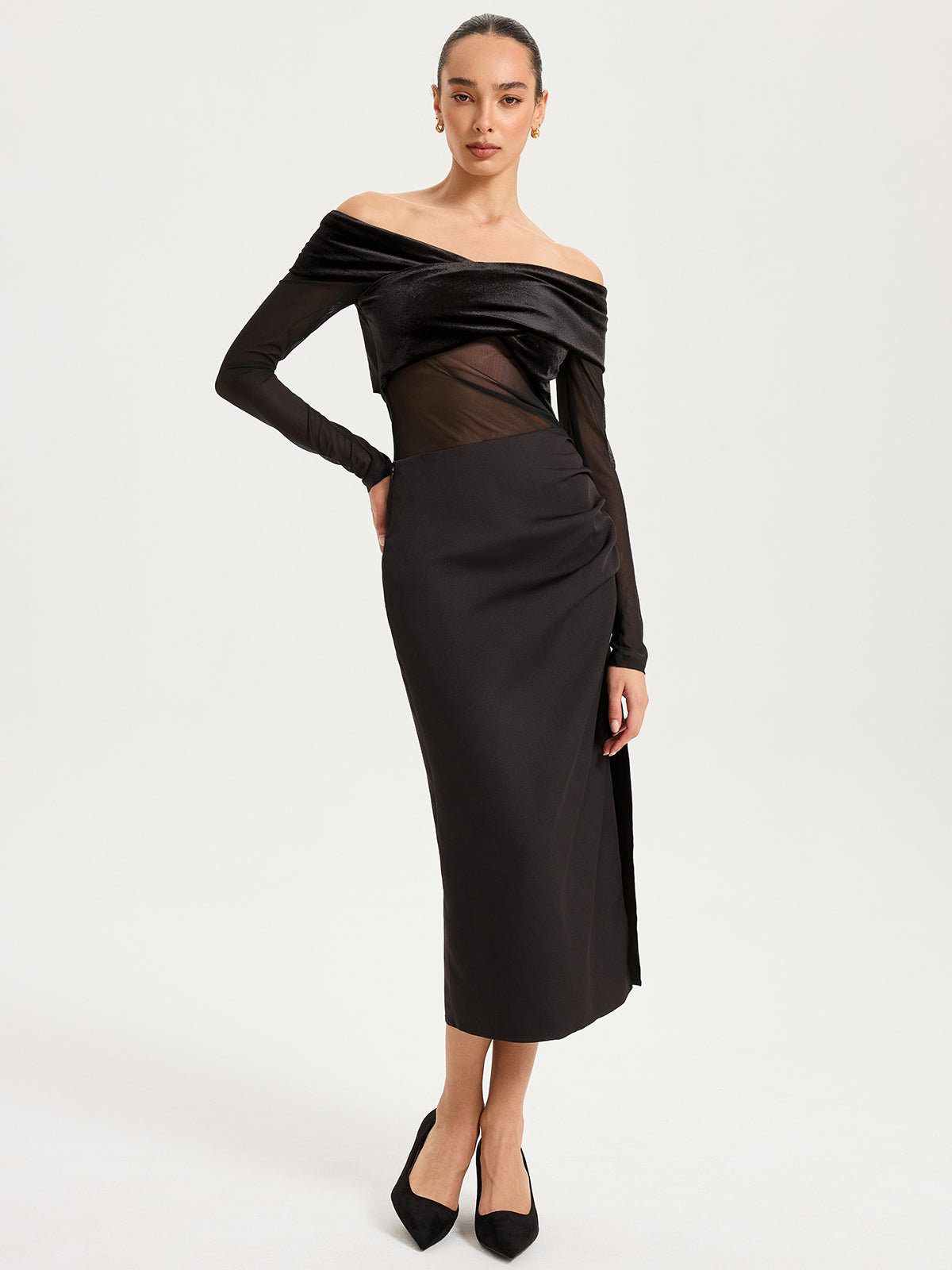 Mesh Paneled Velvet Off-Shoulder Long Sleeve Top