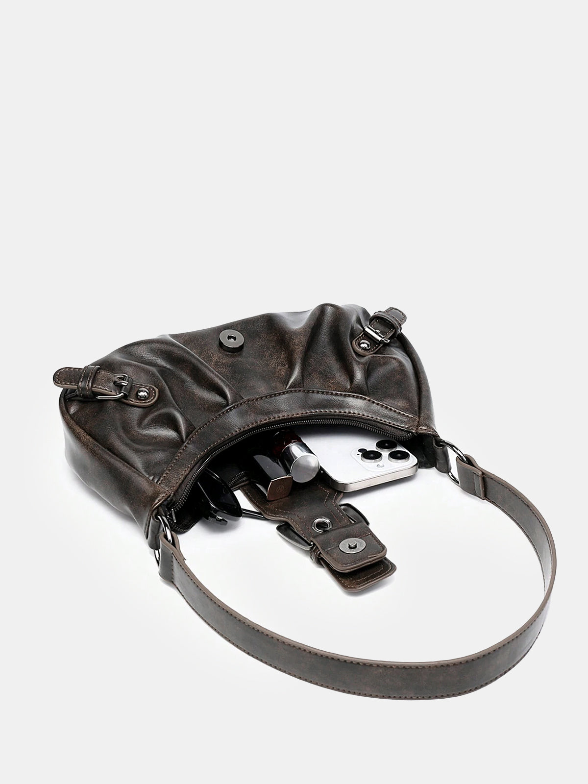 Vintage Faux Leather Buckle-Accent Hobo Bag