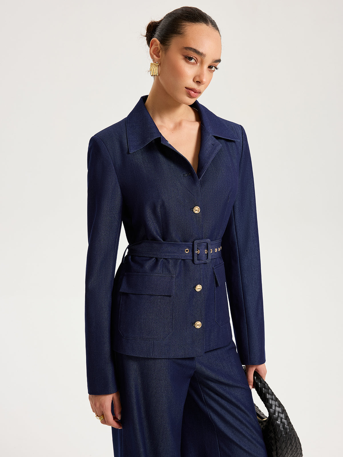 Belted Metal Button Faux Denim Blazer